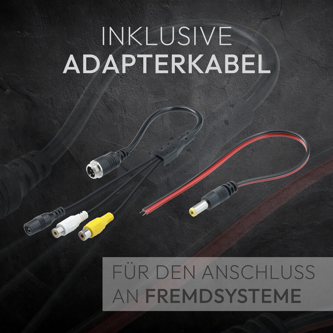 Adapterkabel mit verschiedenen Anschlüssen, einschließlich Cinch und Stromstecker.