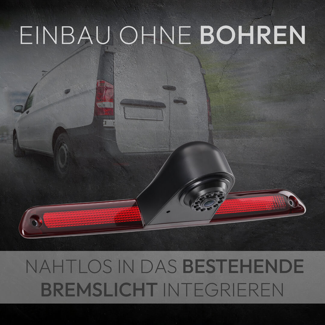 Rückfahrkamera integriert in Bremslicht über einem Lieferwagen.