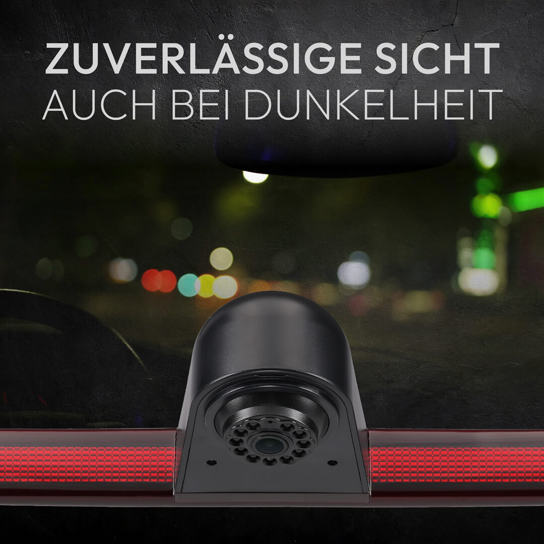 Rückfahrkamera im Auto mit rotem Lichtstreifen und Nachtsicht-Text.