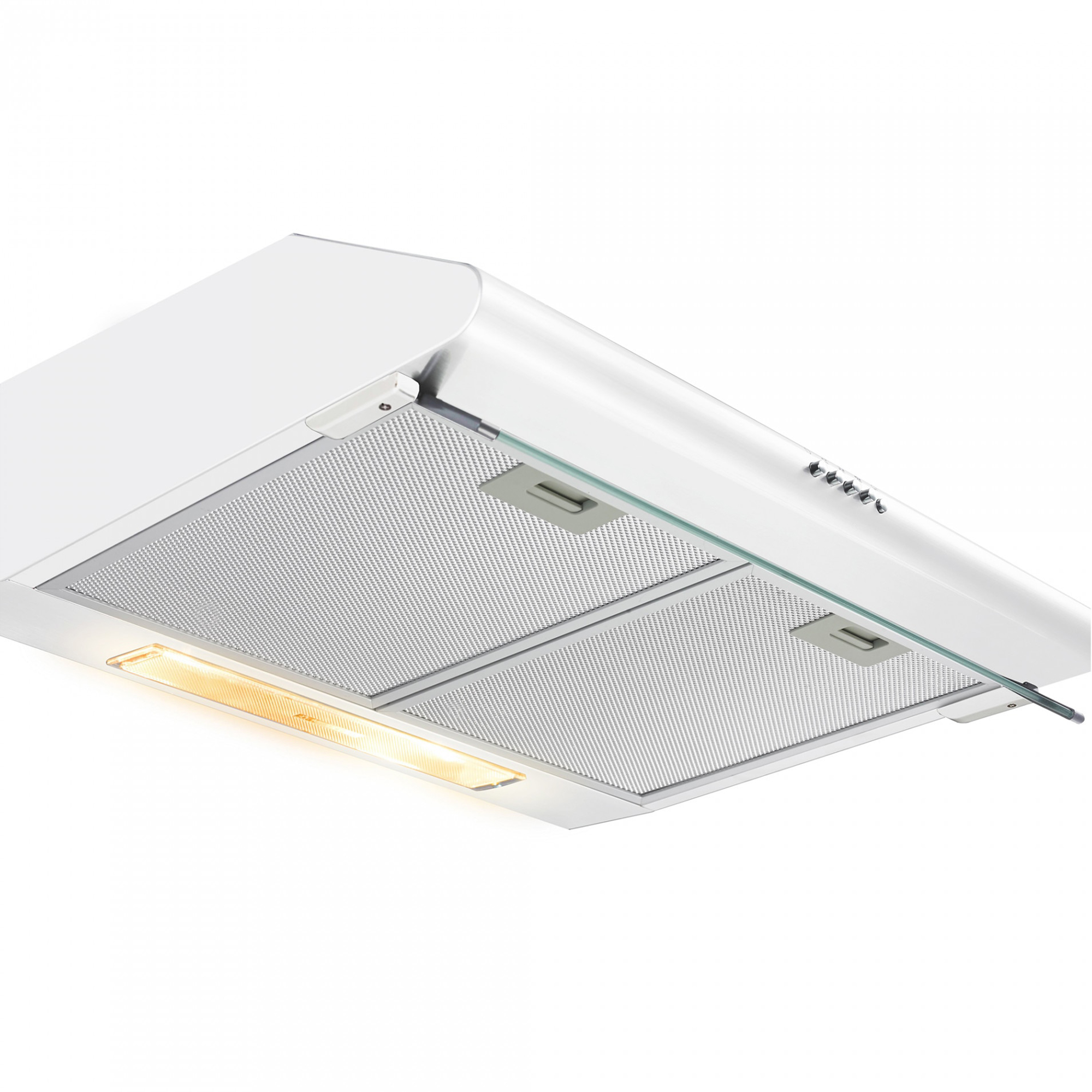 Ein weißer Dunstabzugshaube mit Metallfiltern und Licht.
