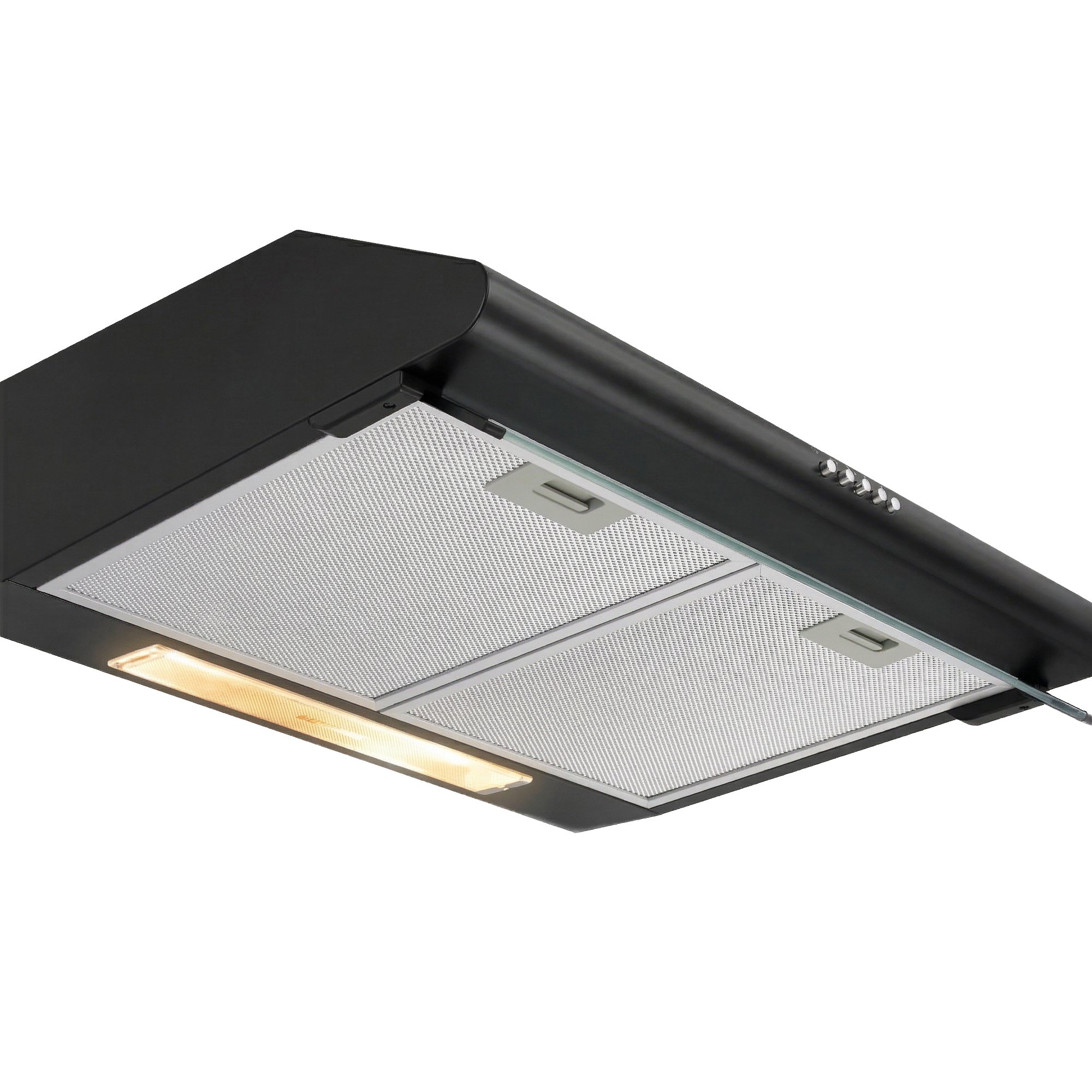 Zwarte afzuigkap met metalen filters en verlichting.