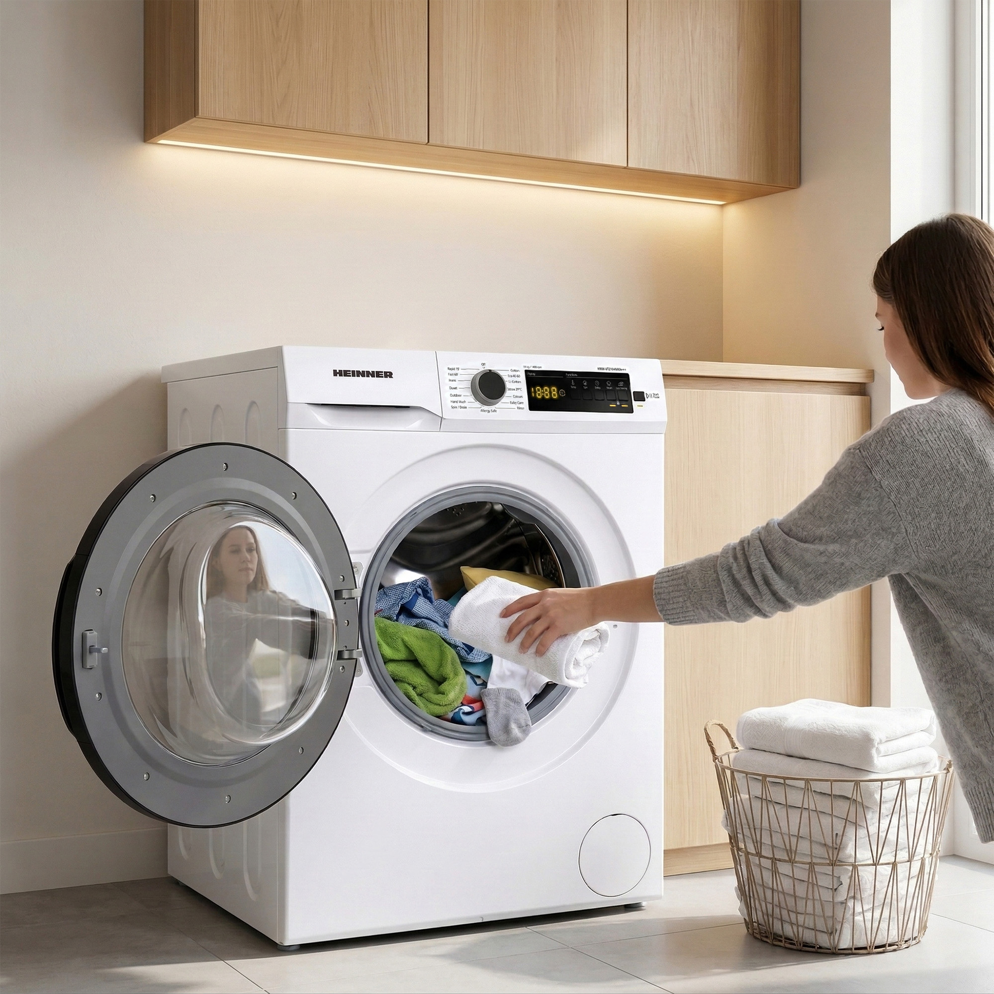 Eine Frau belädt eine Waschmaschine mit Wäsche. Ein Wäschekorb steht daneben.