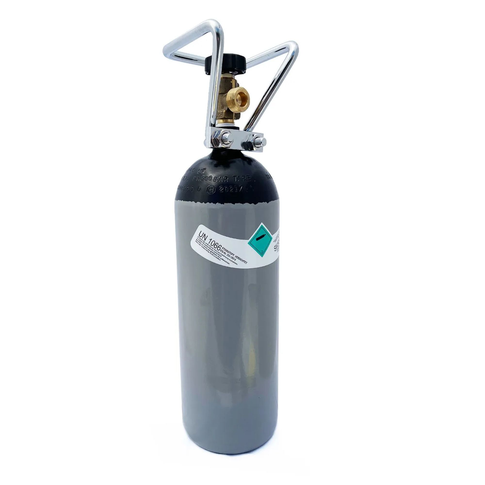 Grijze gasfles met zwarte klep en zilverkleurig handvat.
