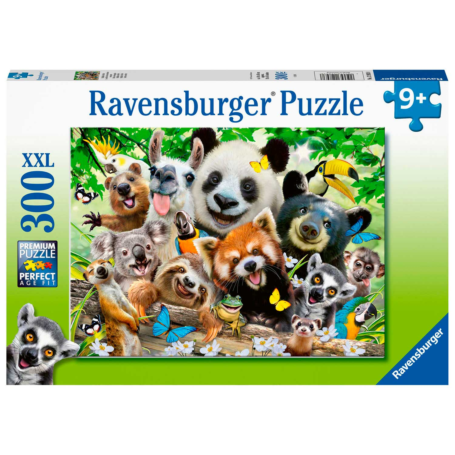 Kolorowe pudełko puzzli Ravensburger z uroczymi zwierzętami: pandą, koalą i małpą.