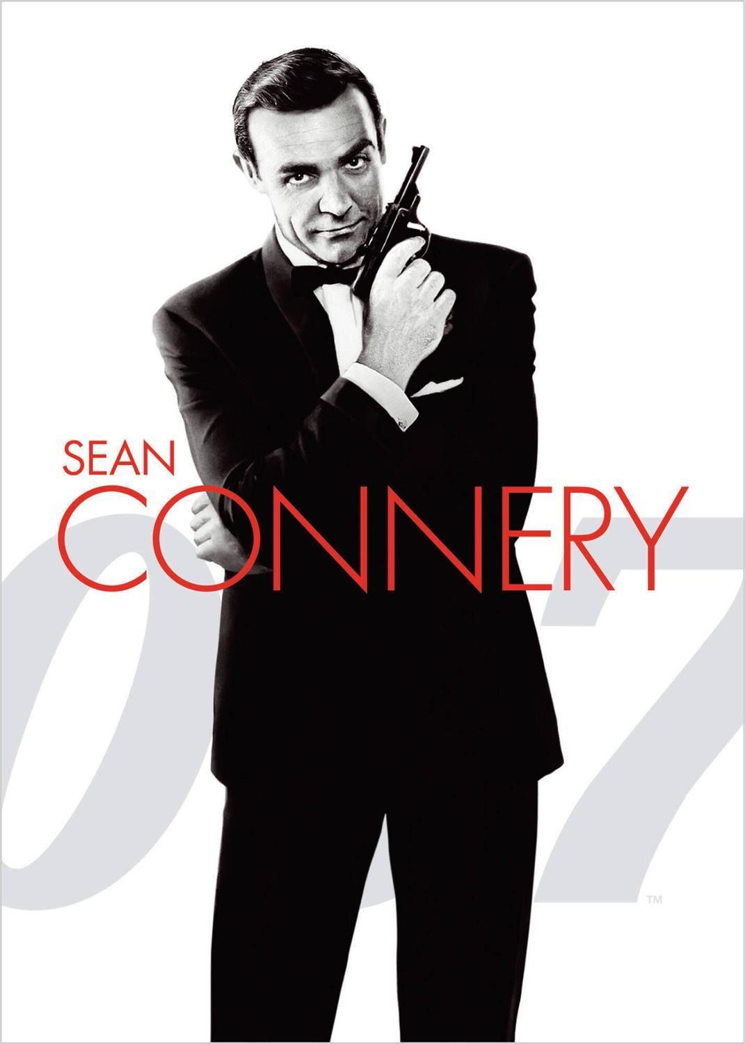 Sean Connery en costume noir tenant une arme, avec texte 'SEAN CONNERY 007'.