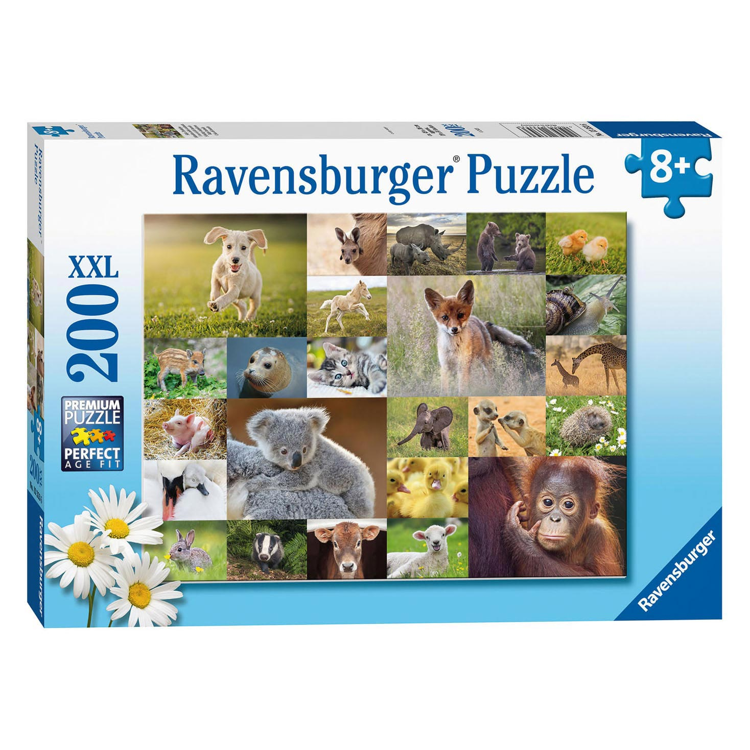 Puzzeldoos met veel baby dieren: hond, kangoeroe, kuikens, biggetje, koala, giraf, aap.