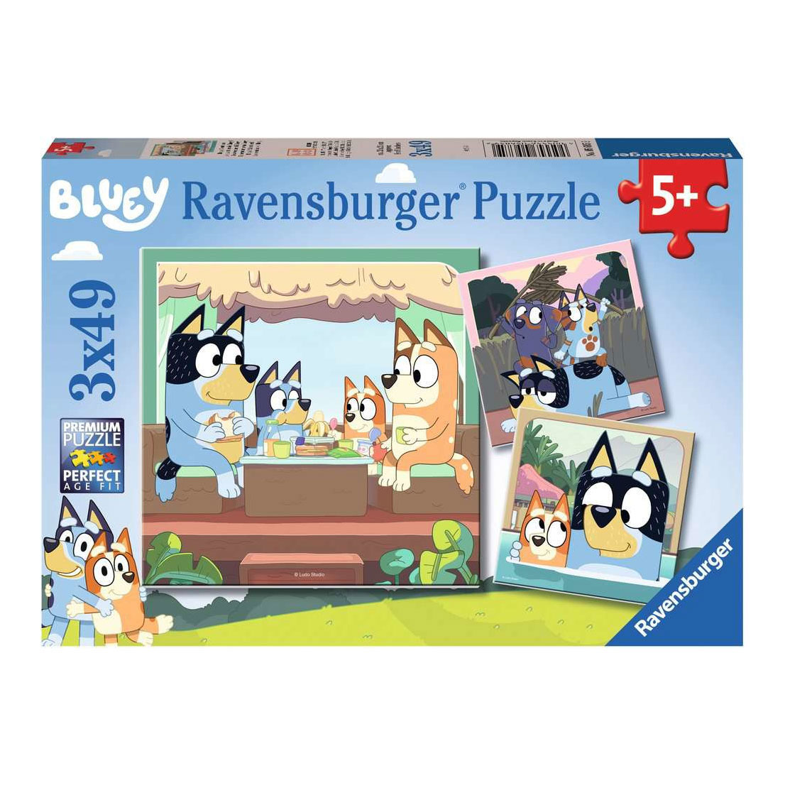 Puzzle Ravensburger Bluey 3x49 elementów dla dzieci od 5 lat.