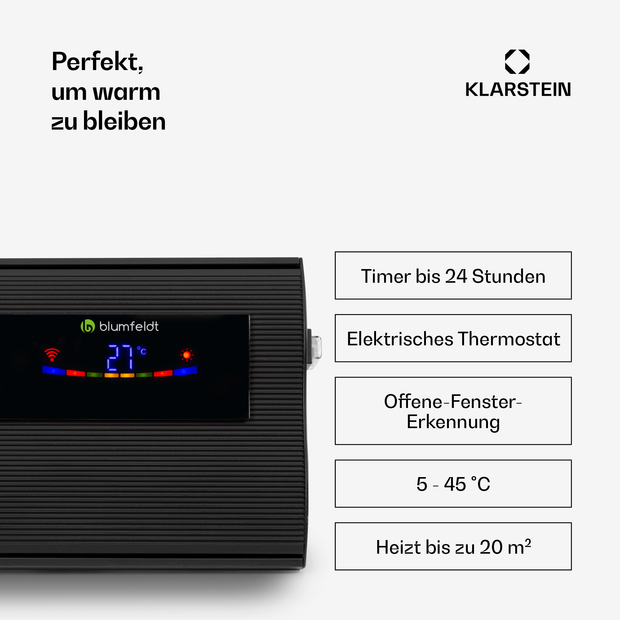 Schwarzer Heizkörper mit digitaler Anzeige von 27°C und Funktionen.