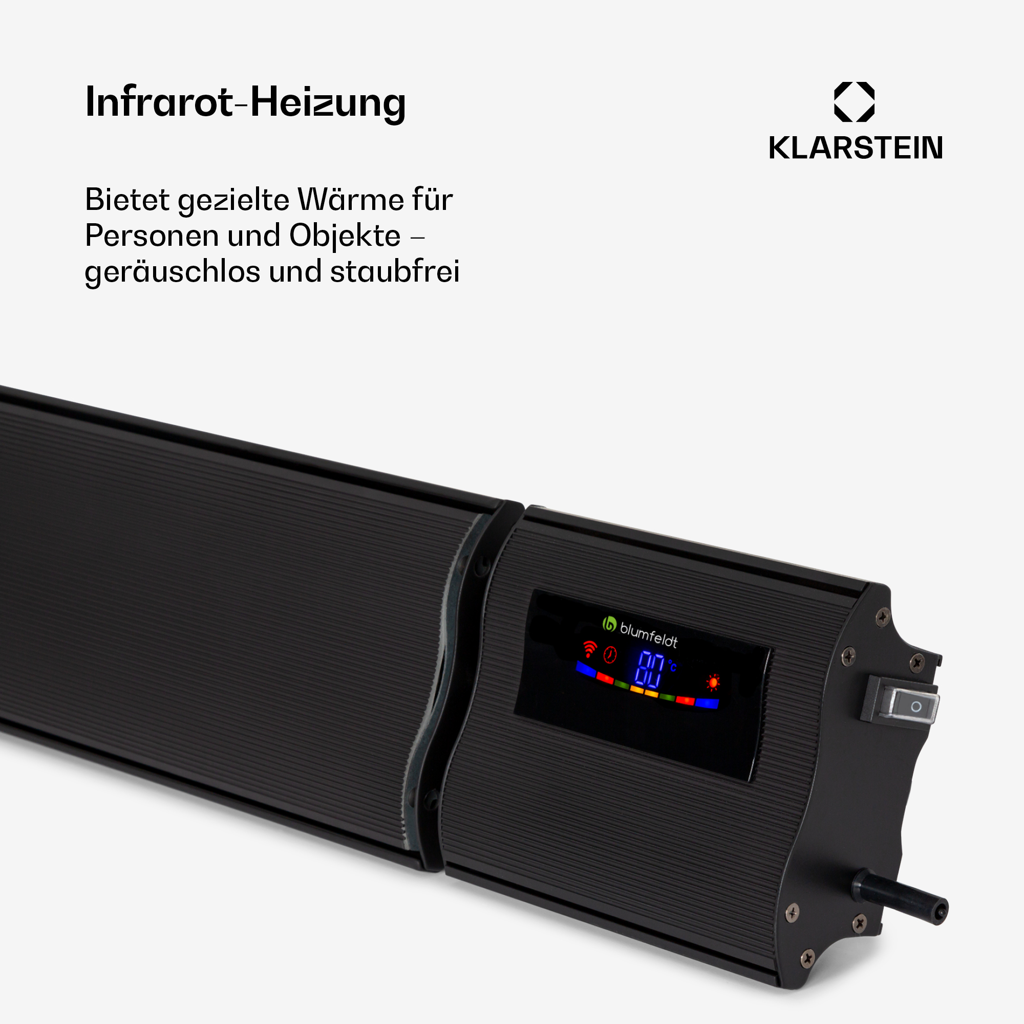 Schwarzer Infrarot-Heizer mit digitaler Anzeige, die 88°C anzeigt.