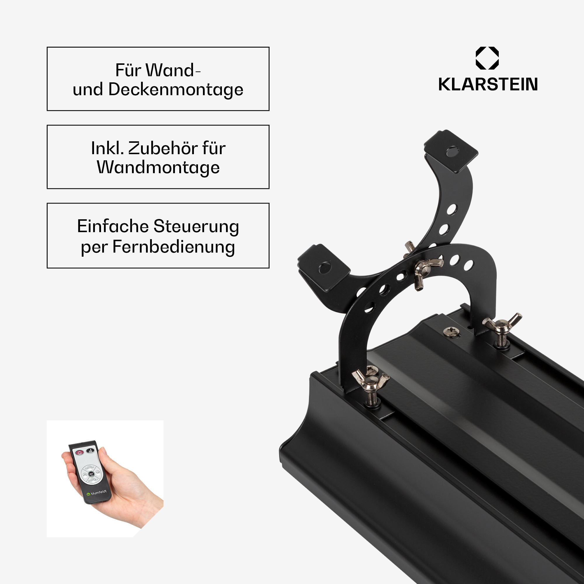 Schwarze Halterung mit Fernbedienung und Textfeldern zu Wandmontage.