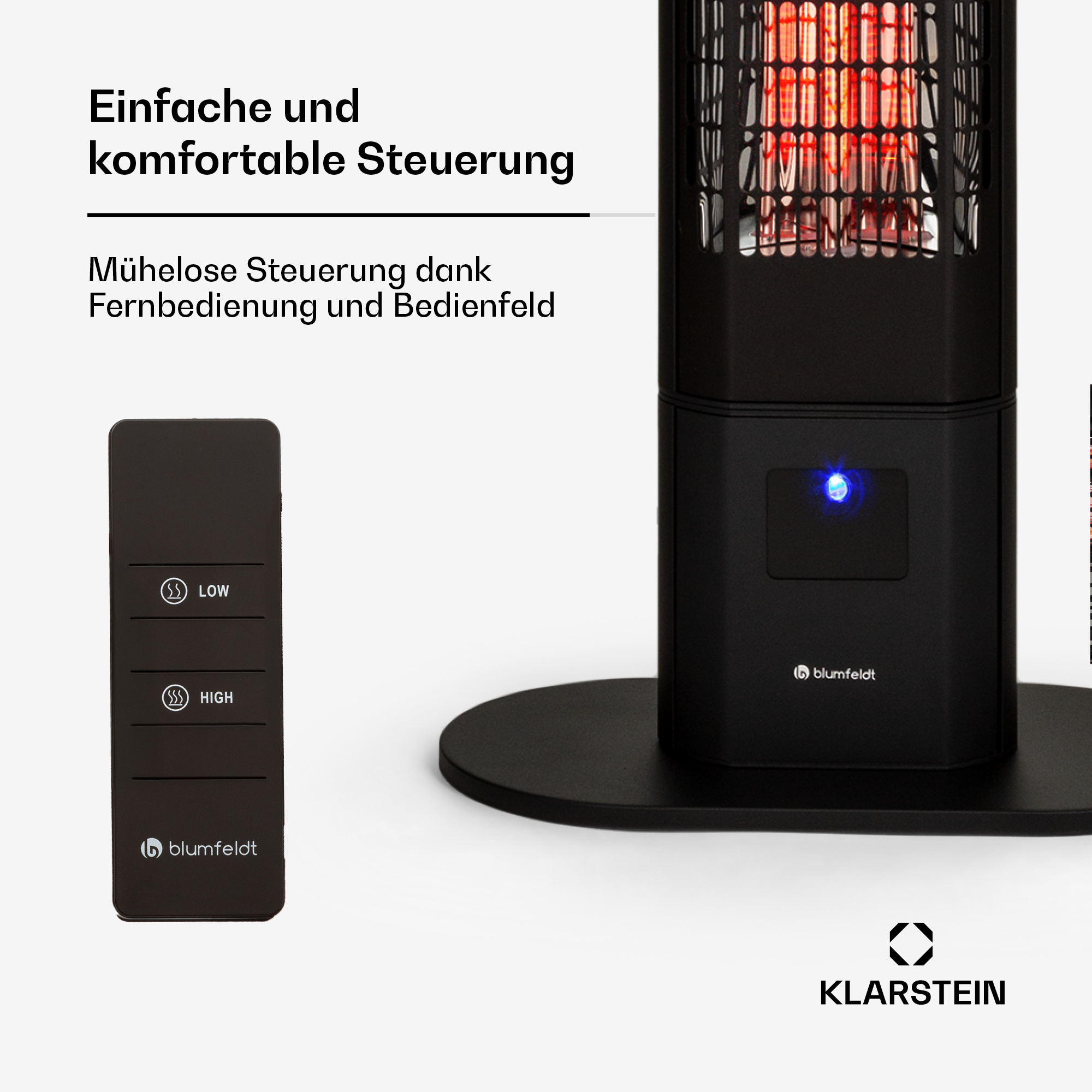 Riscaldatore radiante nero con telecomando, mostra impostazioni BASSO e ALTO.