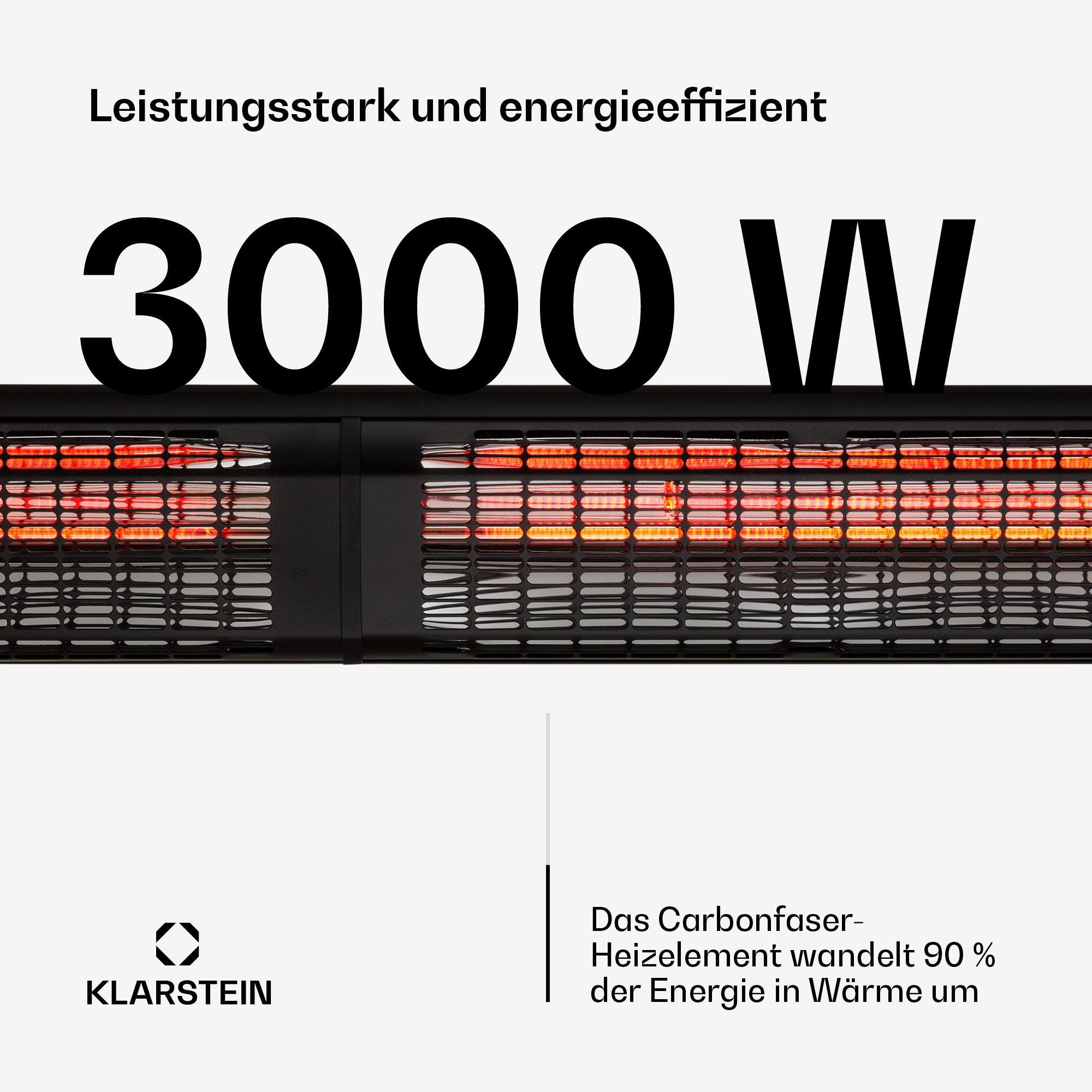 Riscaldatore da 3000W, potente ed efficiente, con elemento riscaldante in fibra di carbonio.