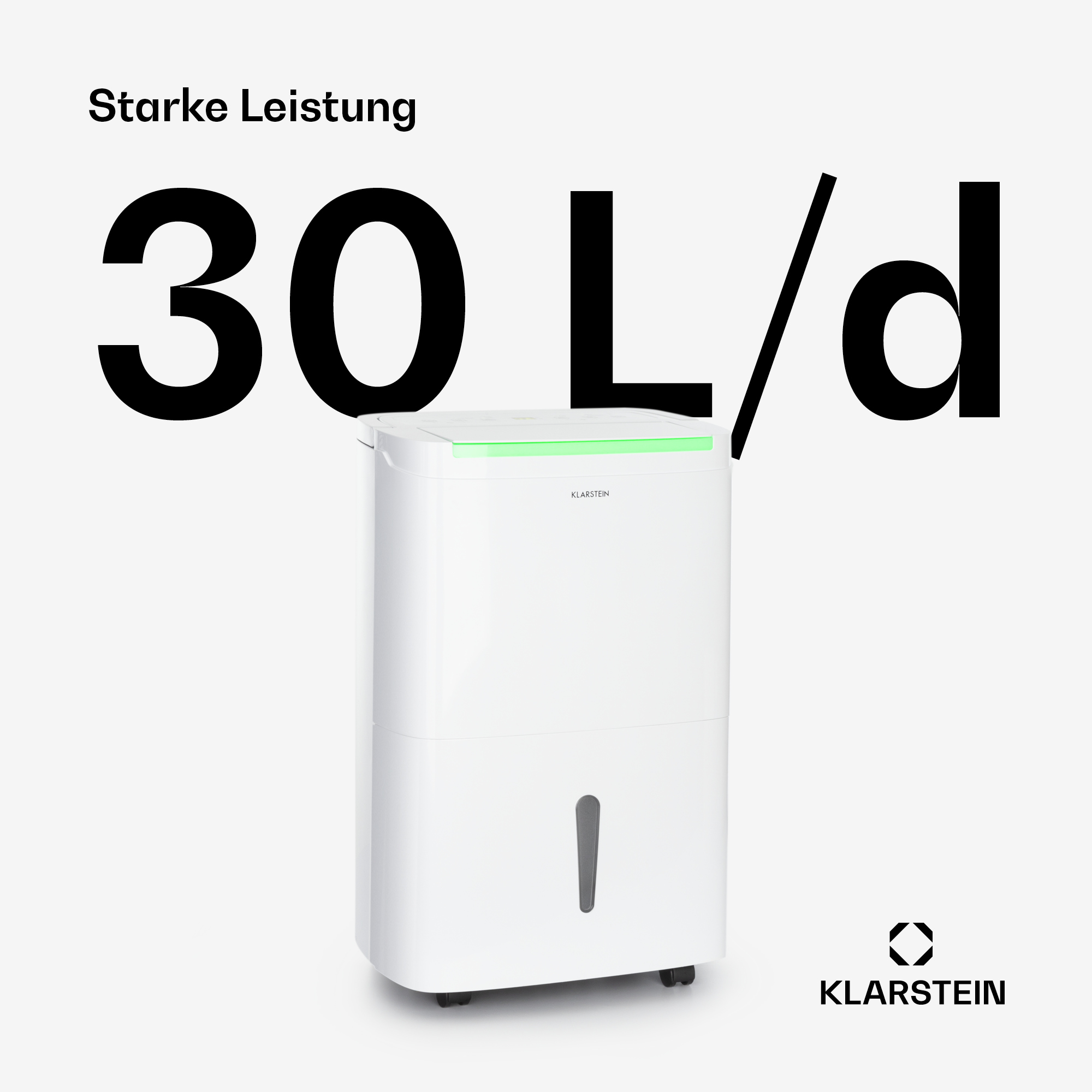 Un deumidificatore bianco con striscia luminosa verde e logo Klarstein.