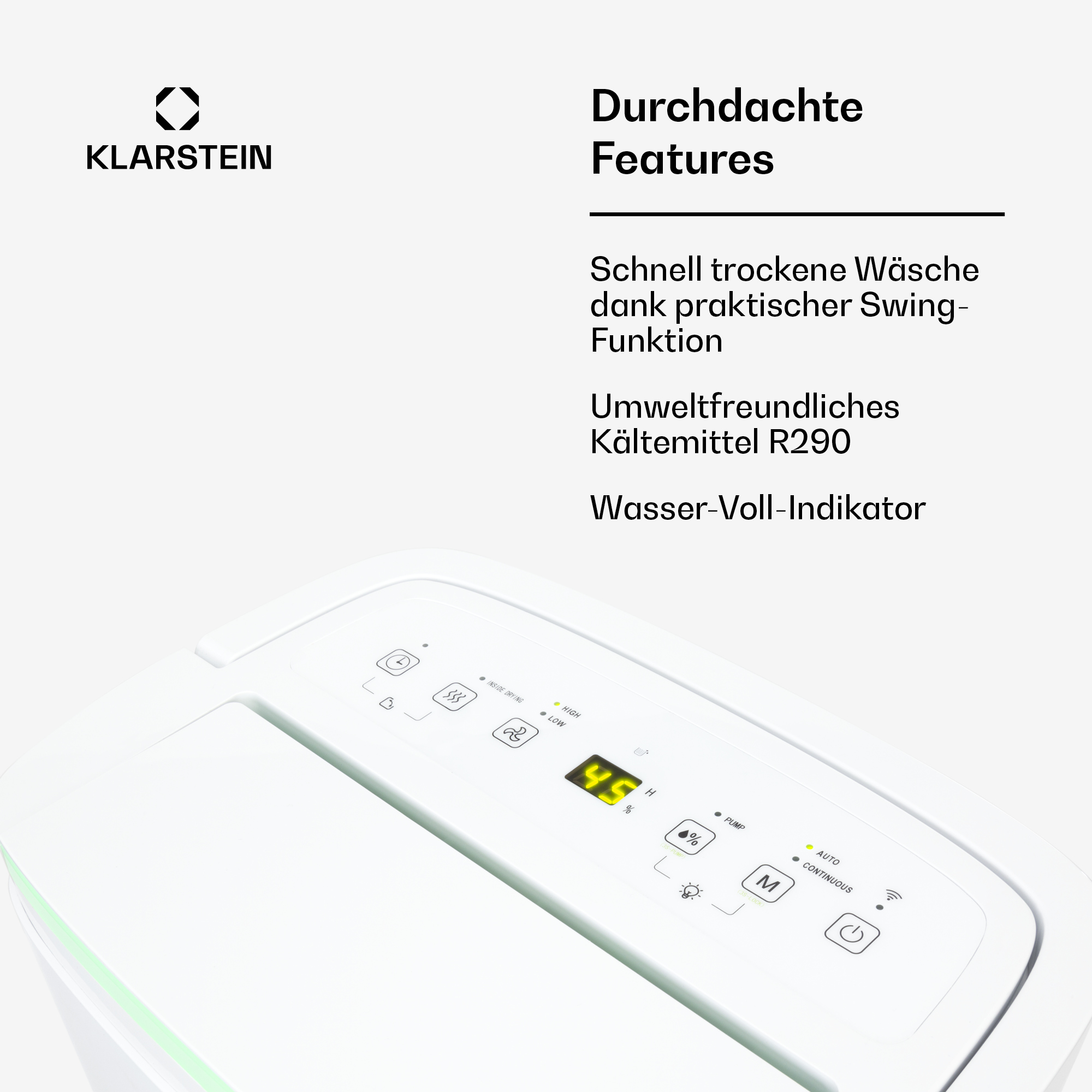 Deumidificatore Klarstein con pannello di controllo e display. Caratteristiche: biancheria asciugatura rapida, R290.