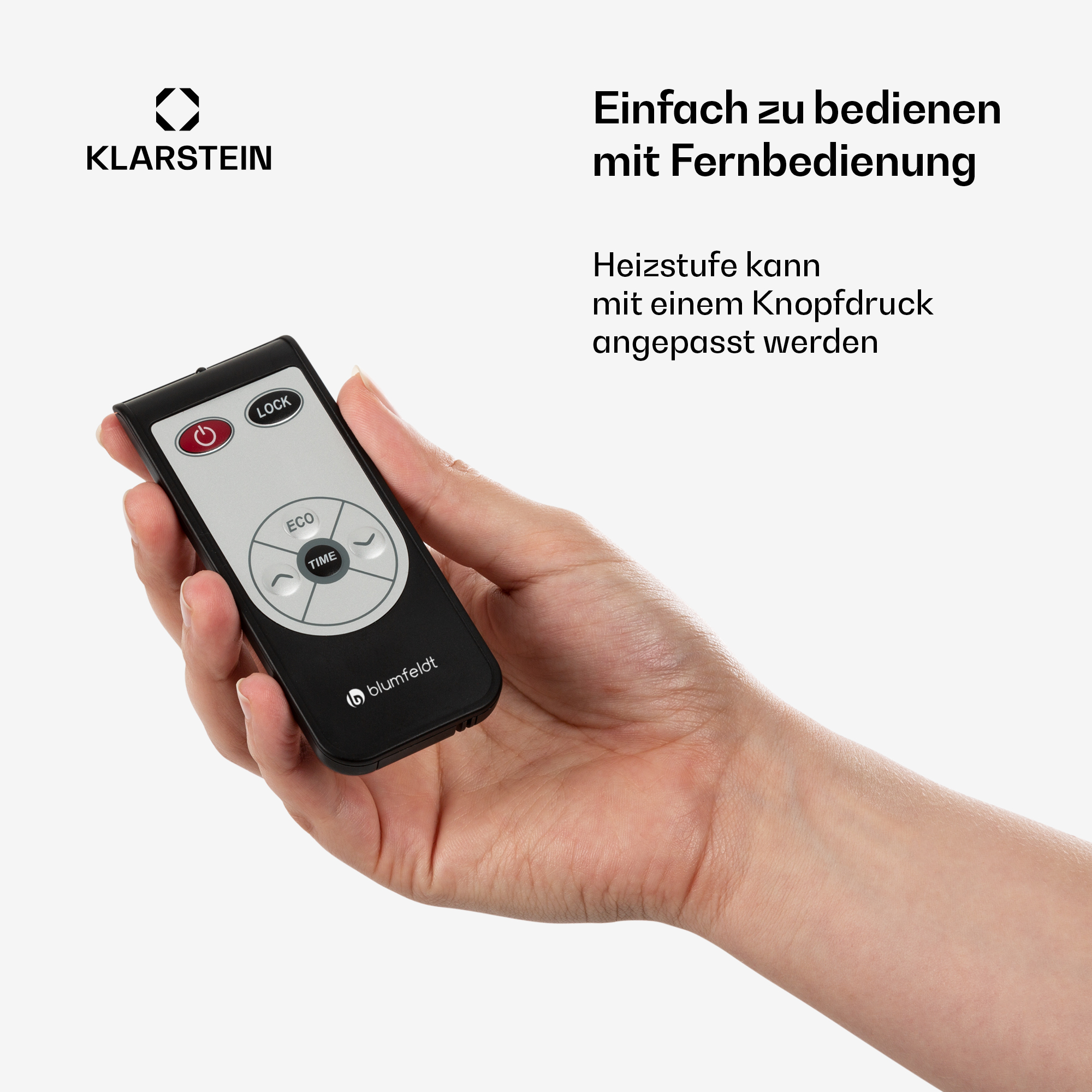 Eine Hand hält eine Fernbedienung mit Knöpfen für Lock, Eco, Zeit und Temperatur.