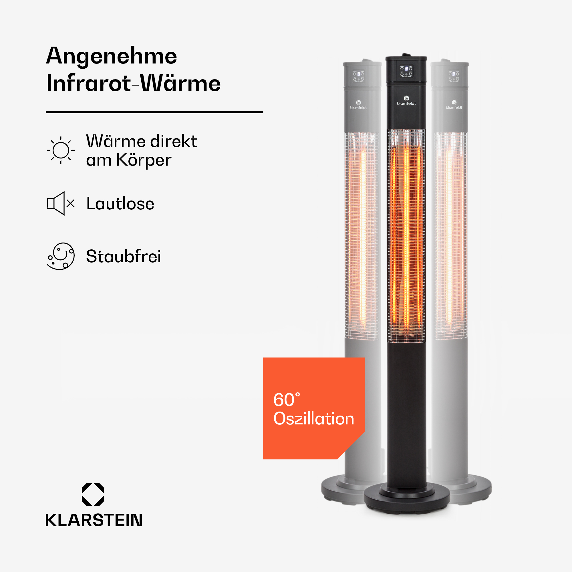 Infrarot-Heizstrahler mit 60° Oszillation, für direkte Körperwärme.