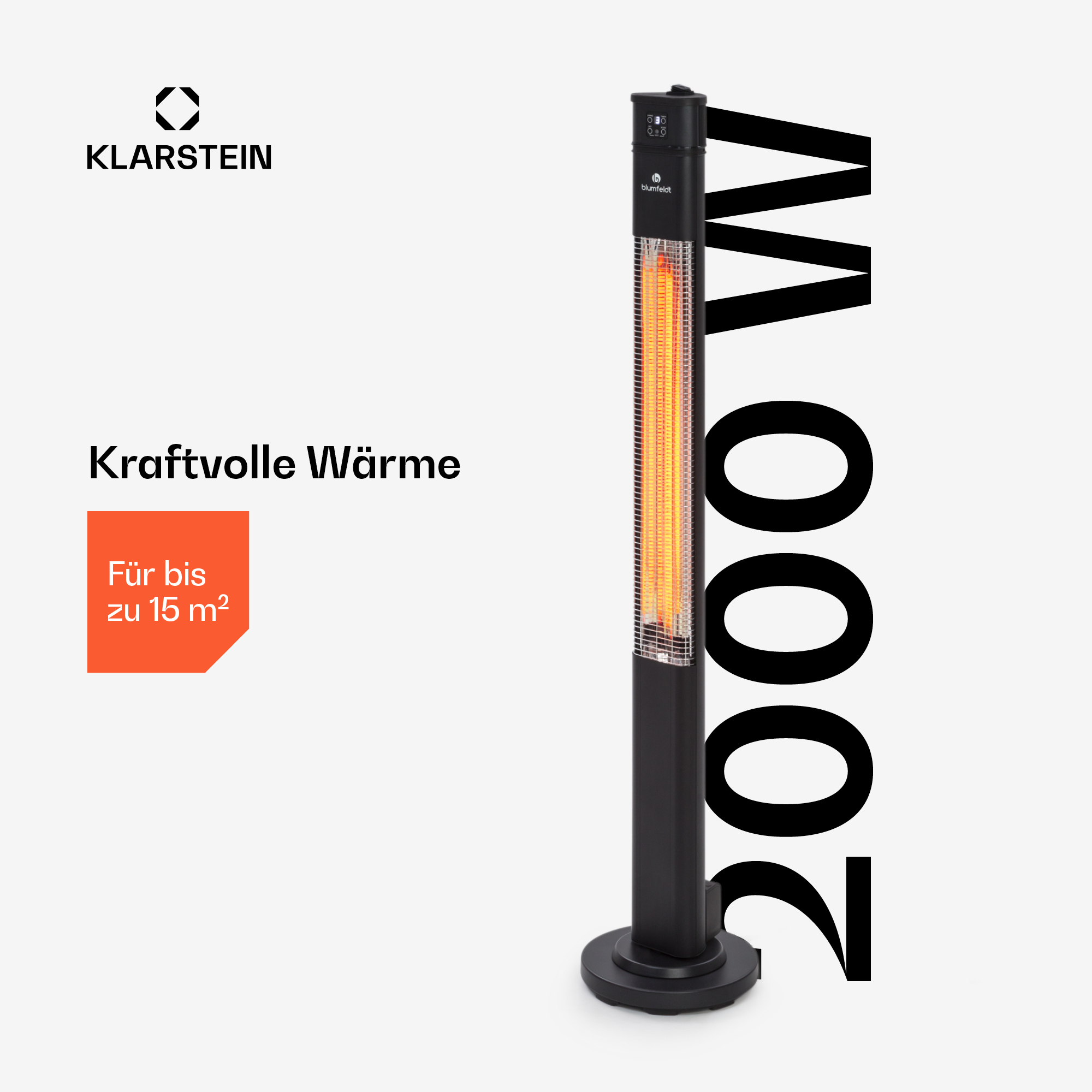 Ein schwarzer Heizstrahler mit orange glühenden Elementen und 2000W.