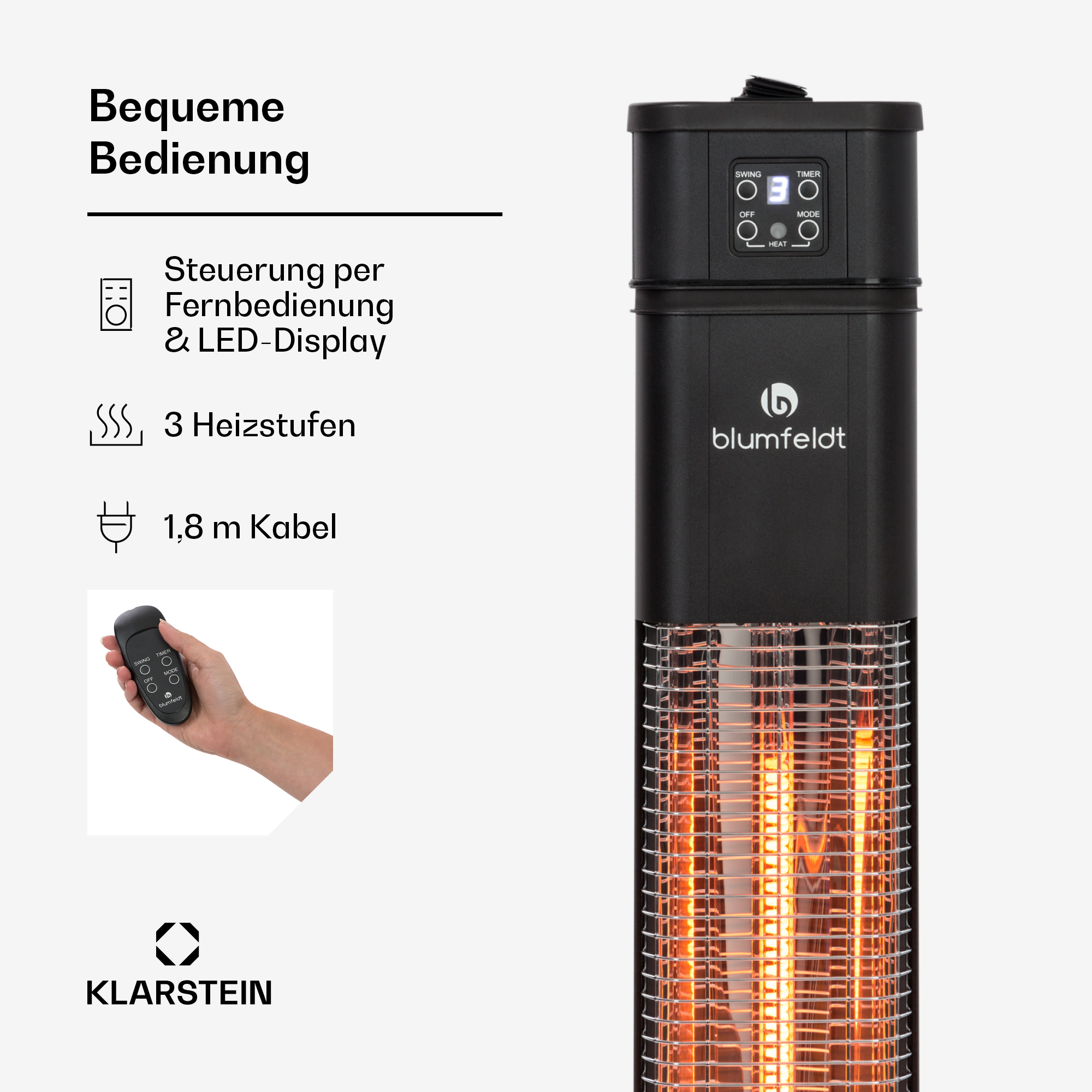 Schwarzer Heizstrahler mit Fernbedienung, LED-Display und drei Heizstufen.