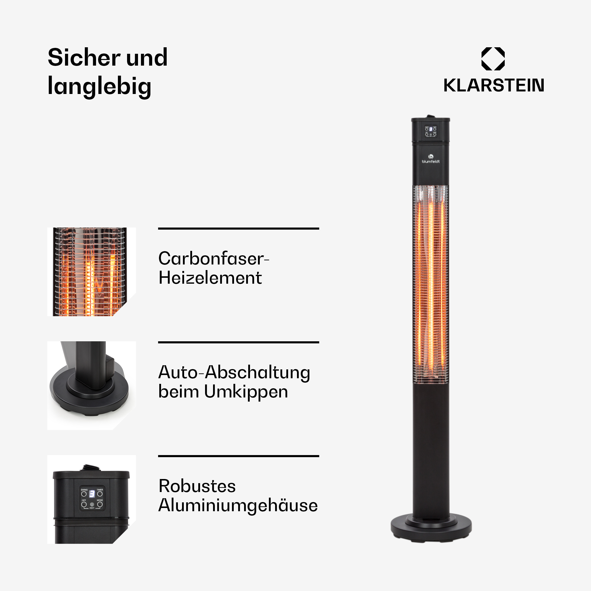 Ein schwarzer Standheizstrahler mit Carbonfaser-Heizelement und digitaler Anzeige.