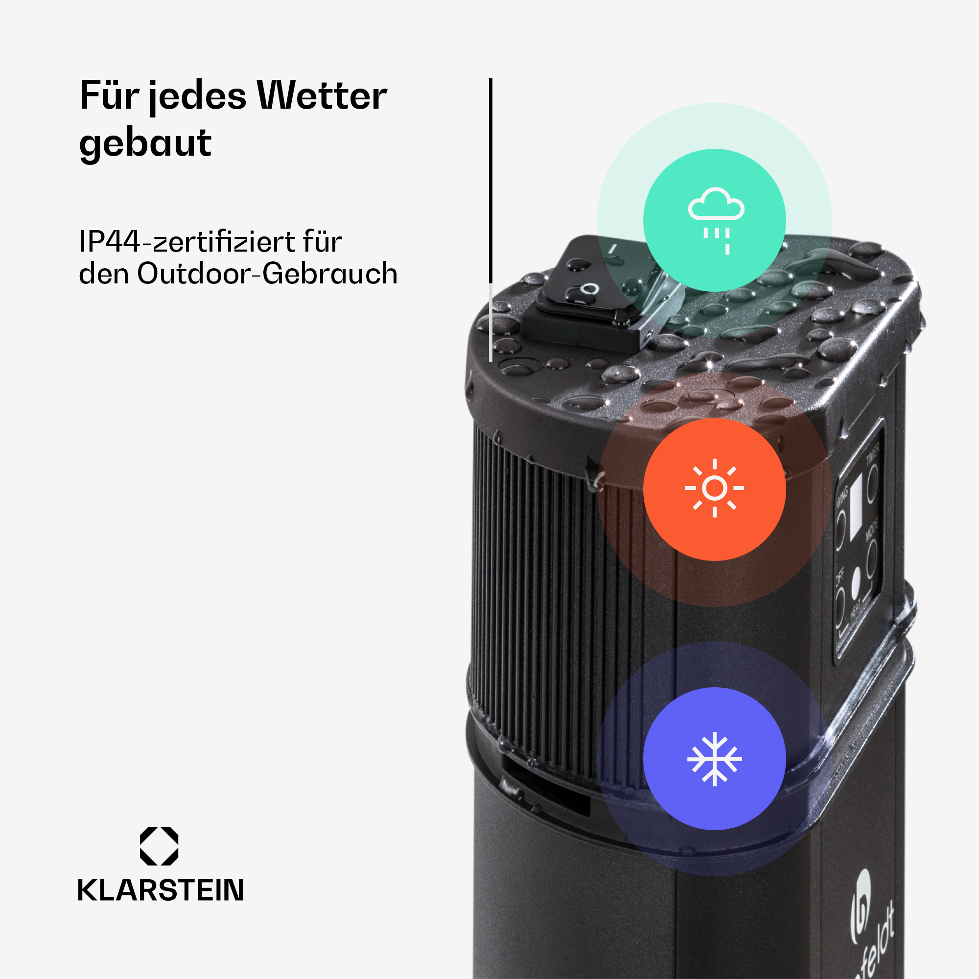 Gerät mit Icons für Regen, Sonne und Schnee. Es ist wetterfest.