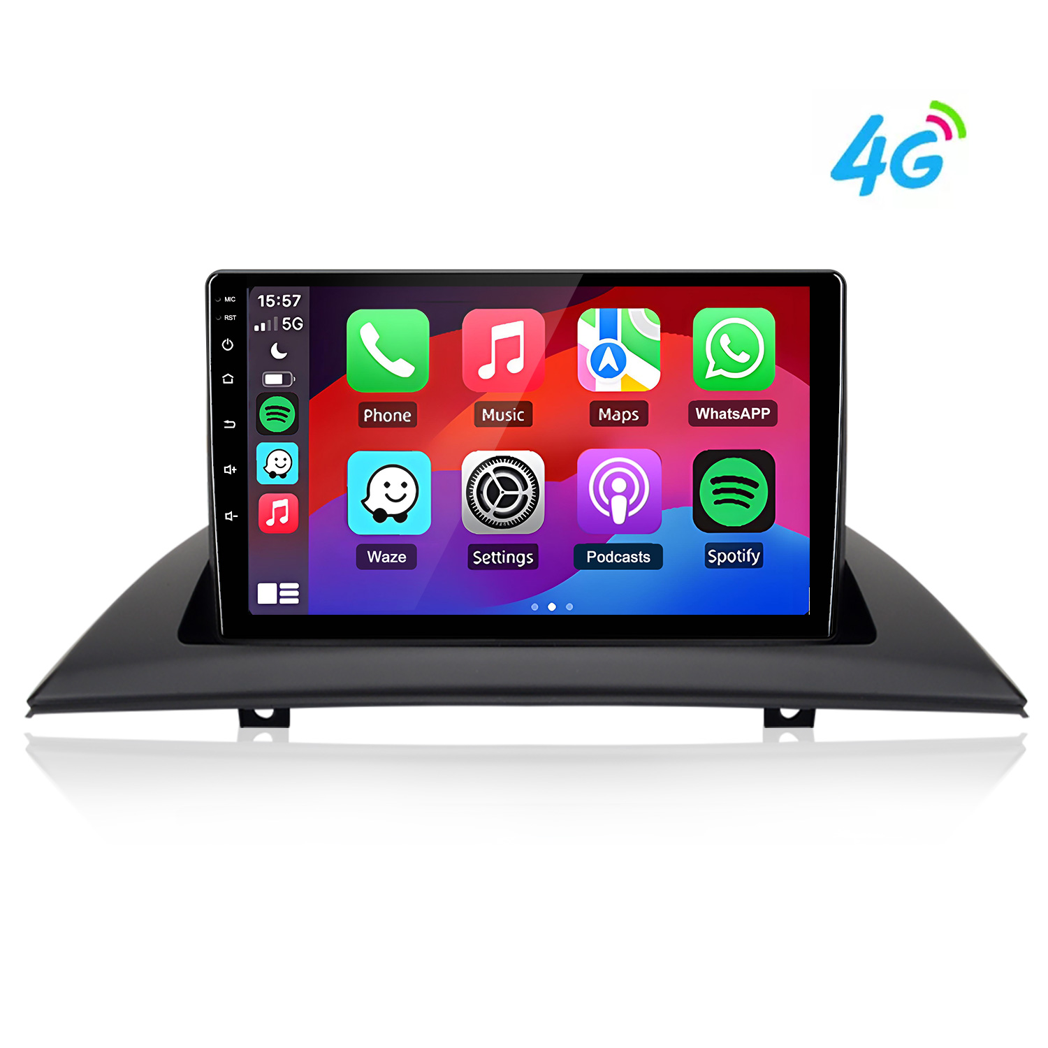 Ein Auto-Infotainment-Bildschirm mit App-Symbolen und 4G-Logo.