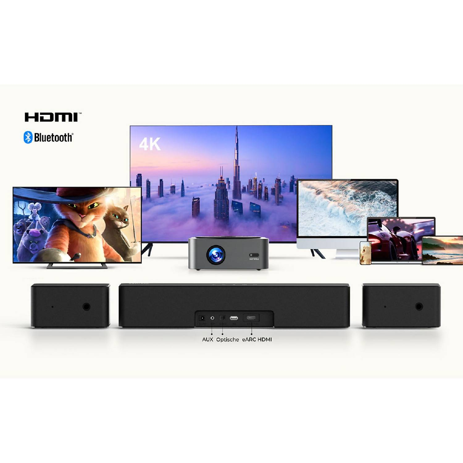 Projektor, soundbar i wiele ekranów z różnymi treściami.