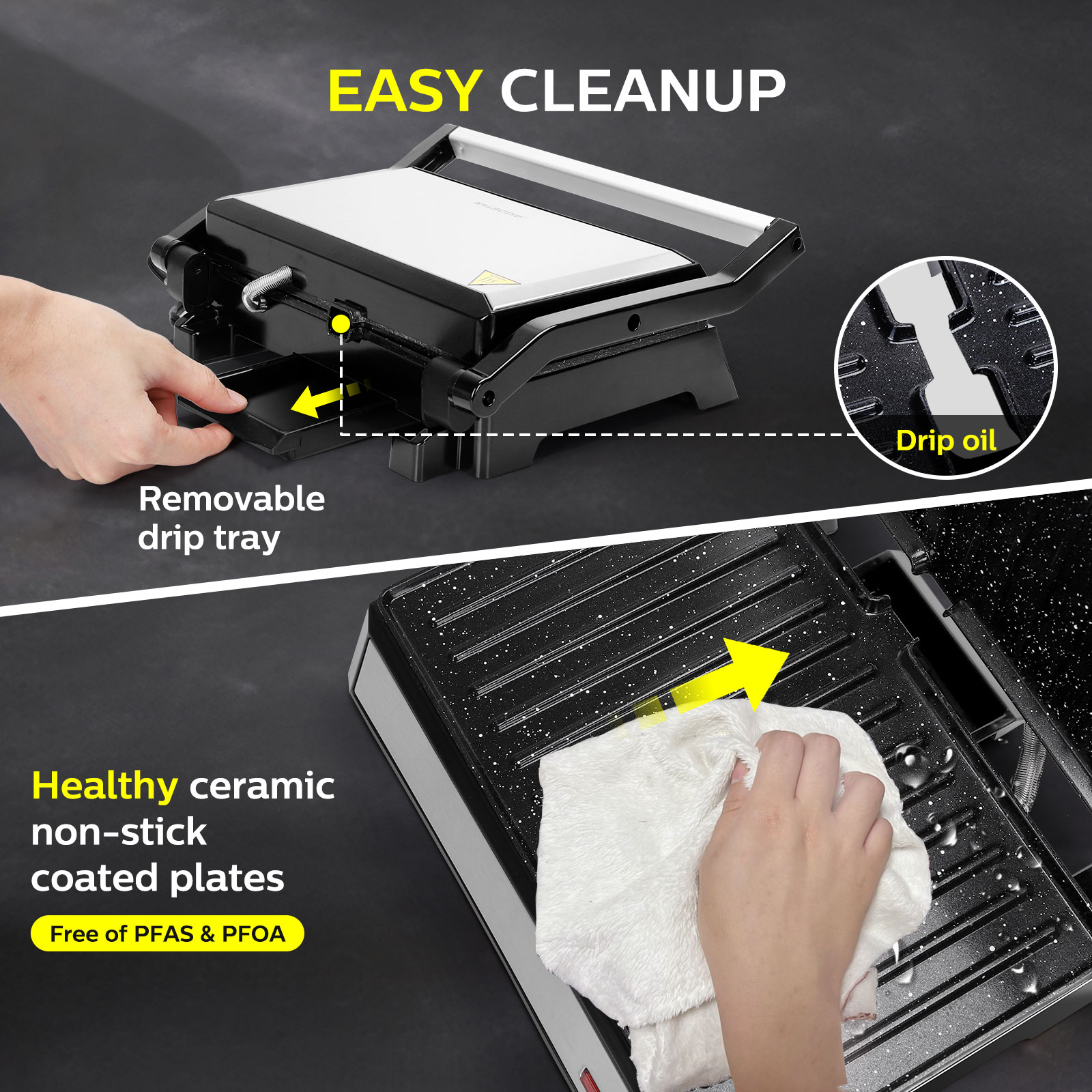 Ein Panini-Grill mit abnehmbarer Tropfschale und Hinweis auf einfache Reinigung.
