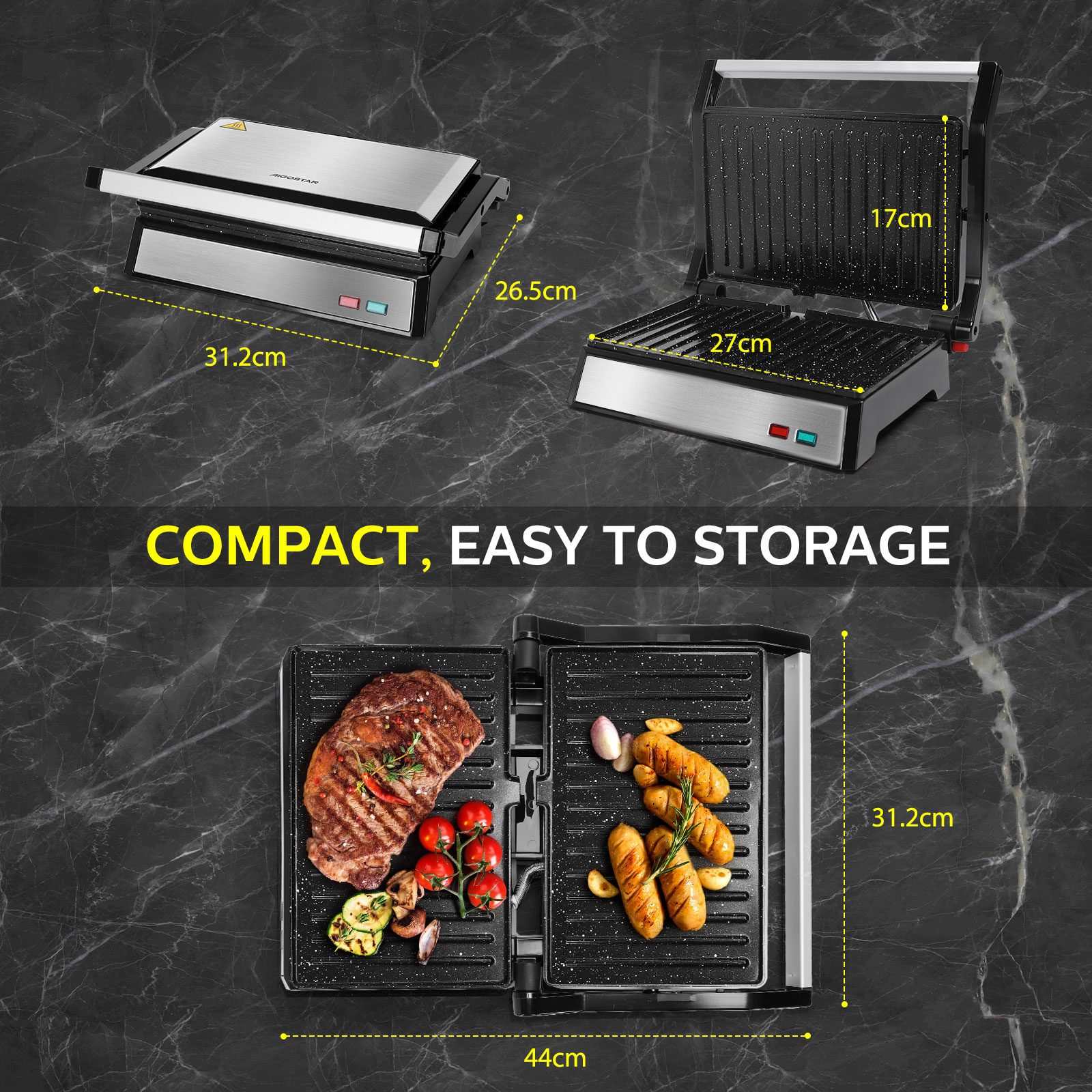 Ein offener Kontaktgrill mit Steak, Würstchen und Gemüse. Maße werden angezeigt.