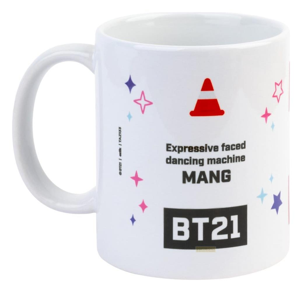 Weiße Tasse mit buntem BT21 MANG-Design und Sternen.