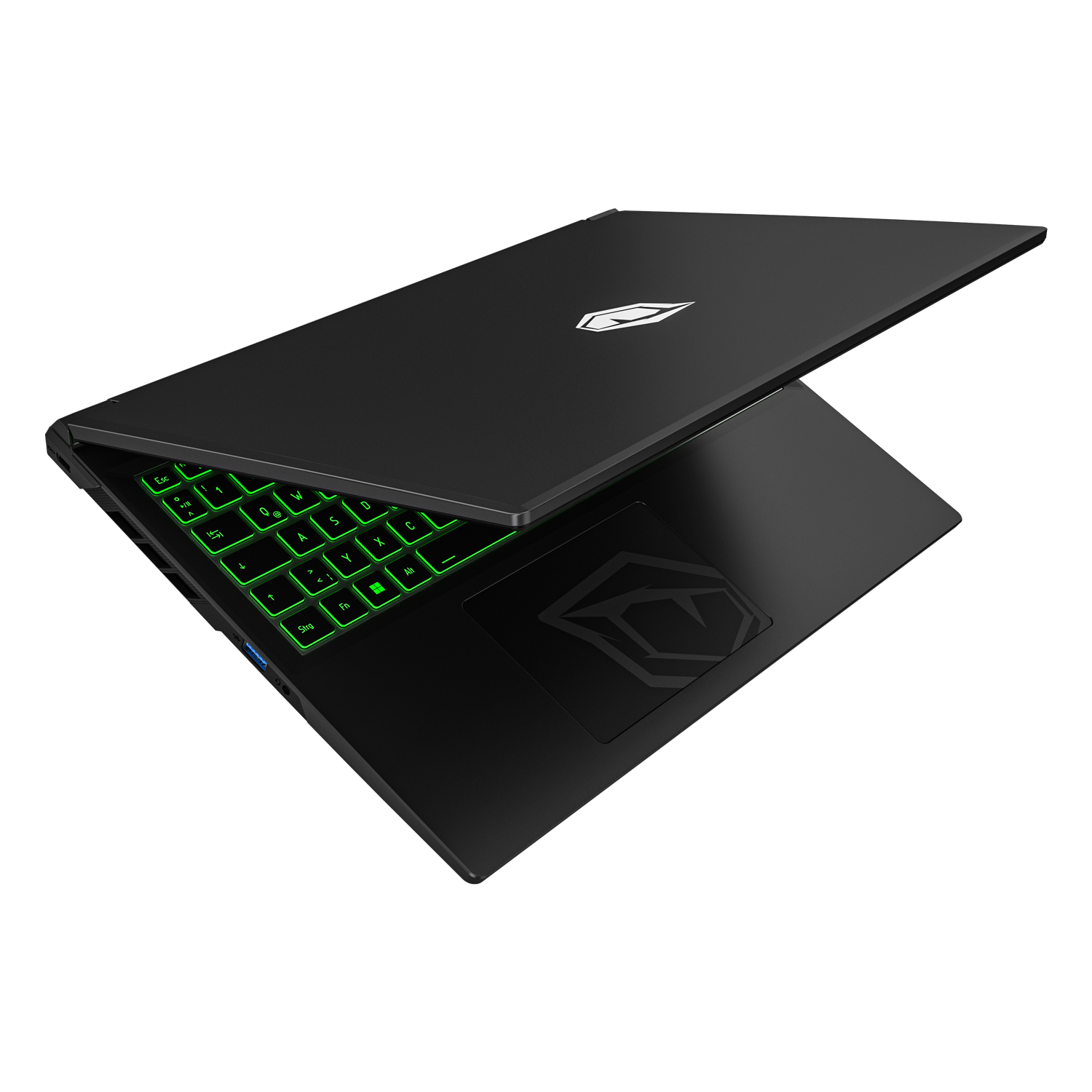 Schwarzer Laptop mit leuchtend grüner Tastatur und Logo.