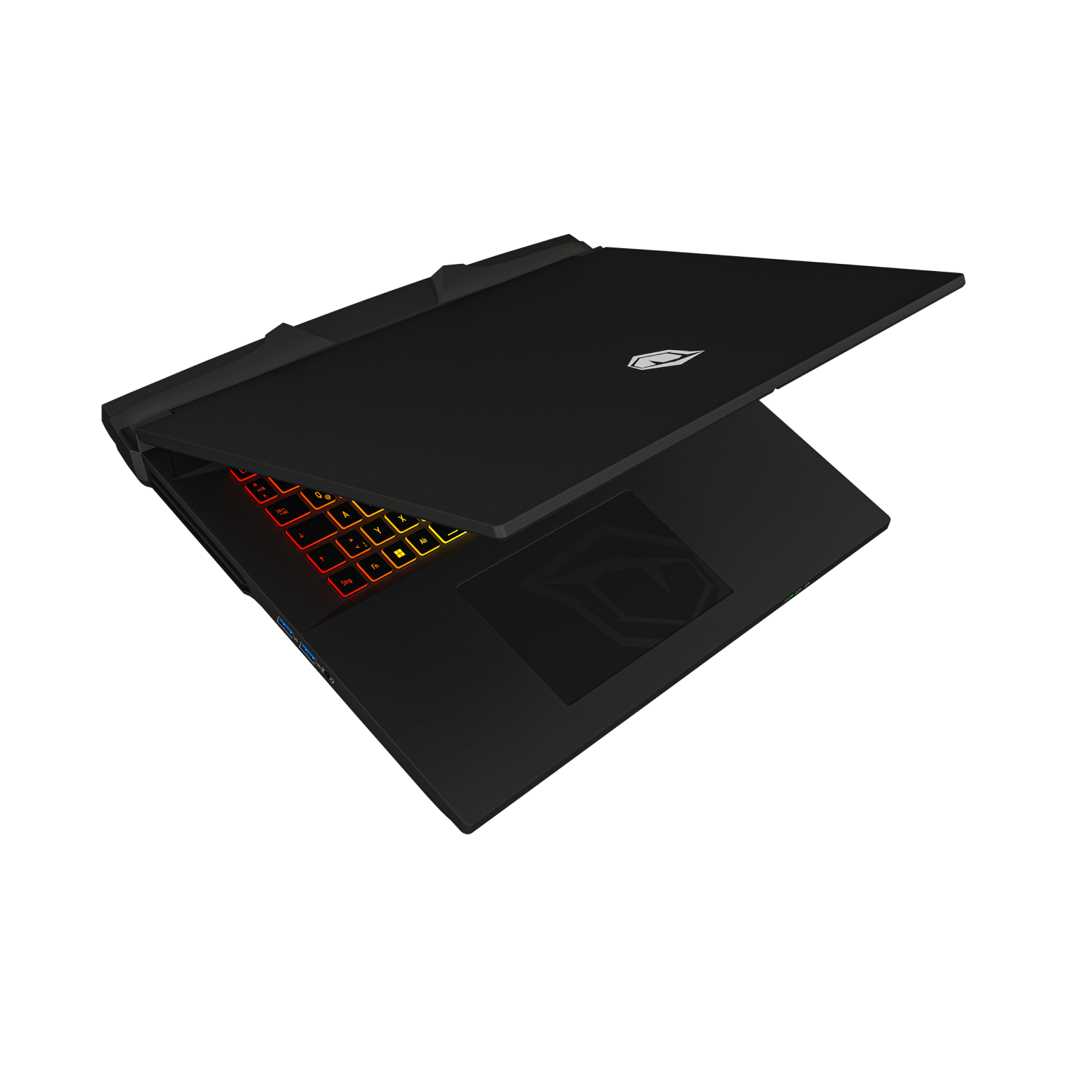 Schwarzer Laptop mit beleuchteter Tastatur und Logo auf dem Deckel.