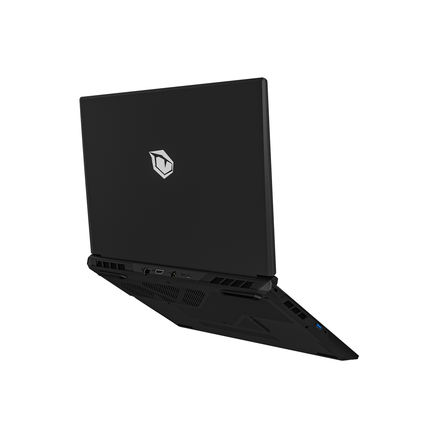 Schwarzer Laptop mit Logo, USB-Anschlüssen und Lüftungsschlitzen.
