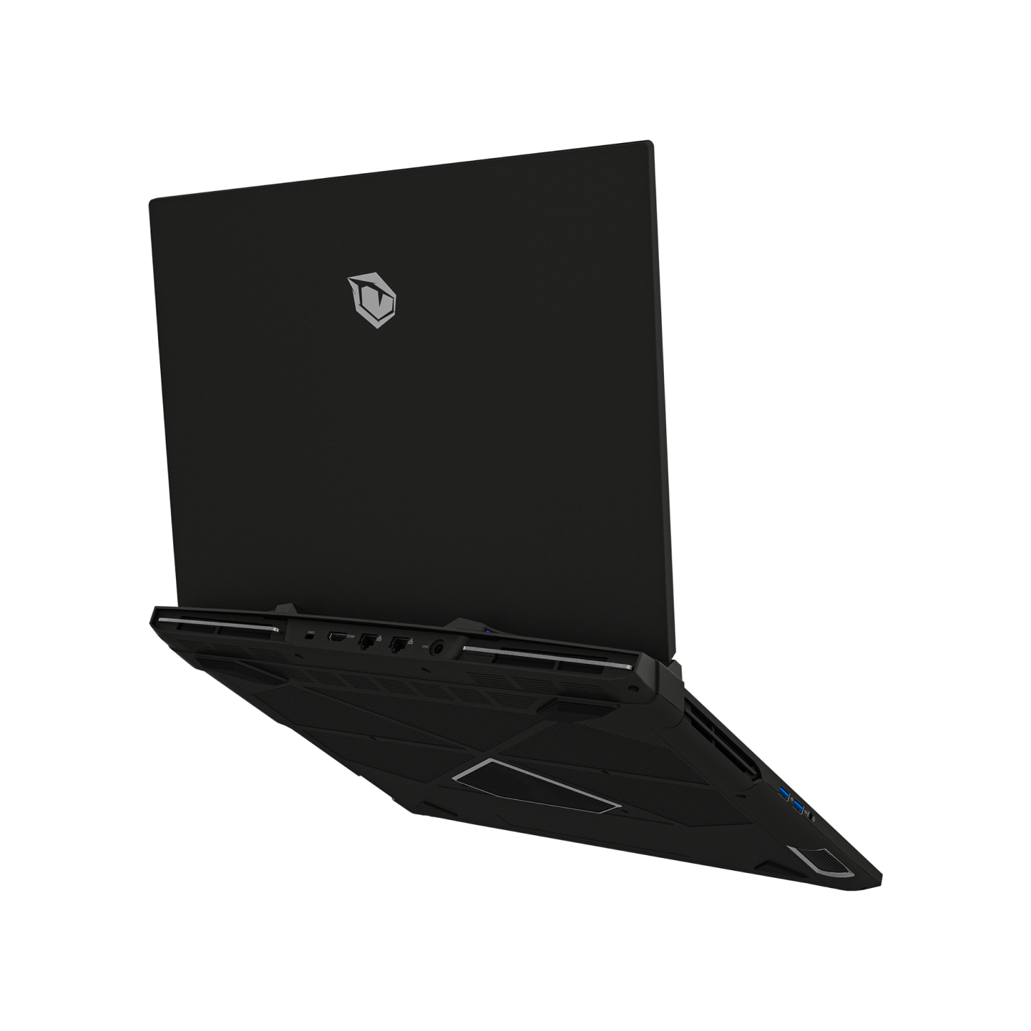 Schwarzer Laptop mit Logo auf dem Deckel und Anschlüssen an der Seite.