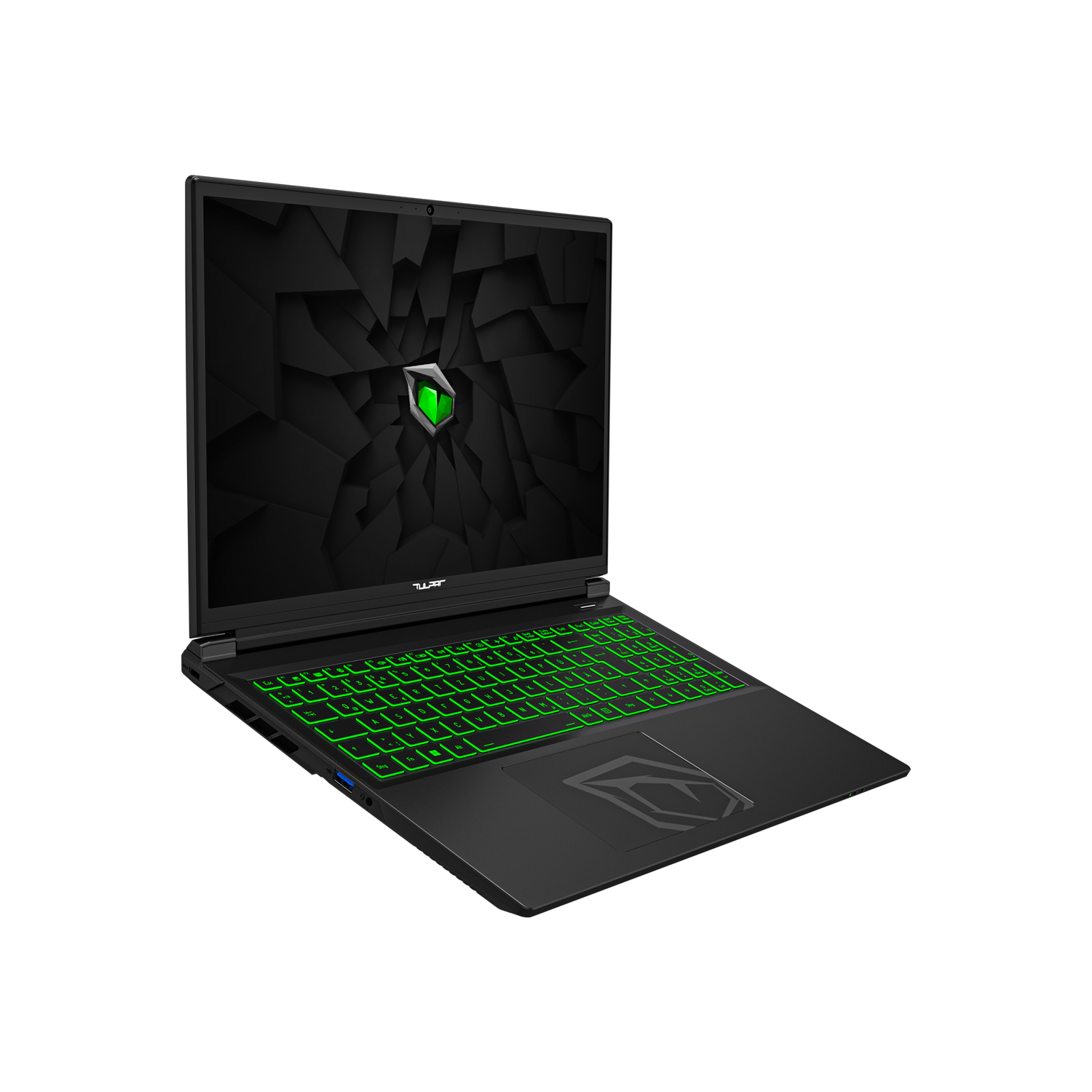 Schwarzer Laptop mit beleuchteter grüner Tastatur und abstraktem Hintergrund.