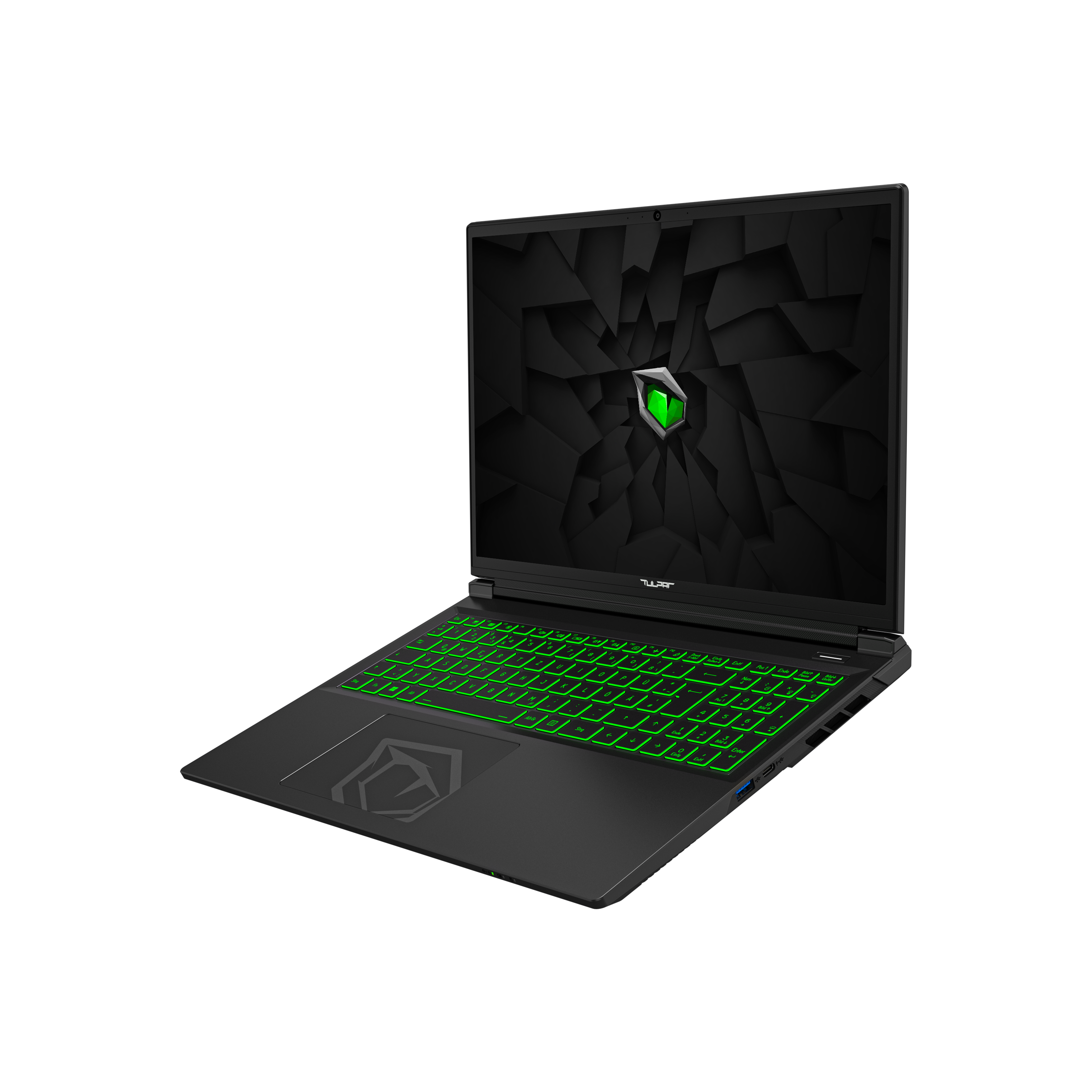 Ein schwarzer Laptop mit leuchtend grüner Tastatur und Display.