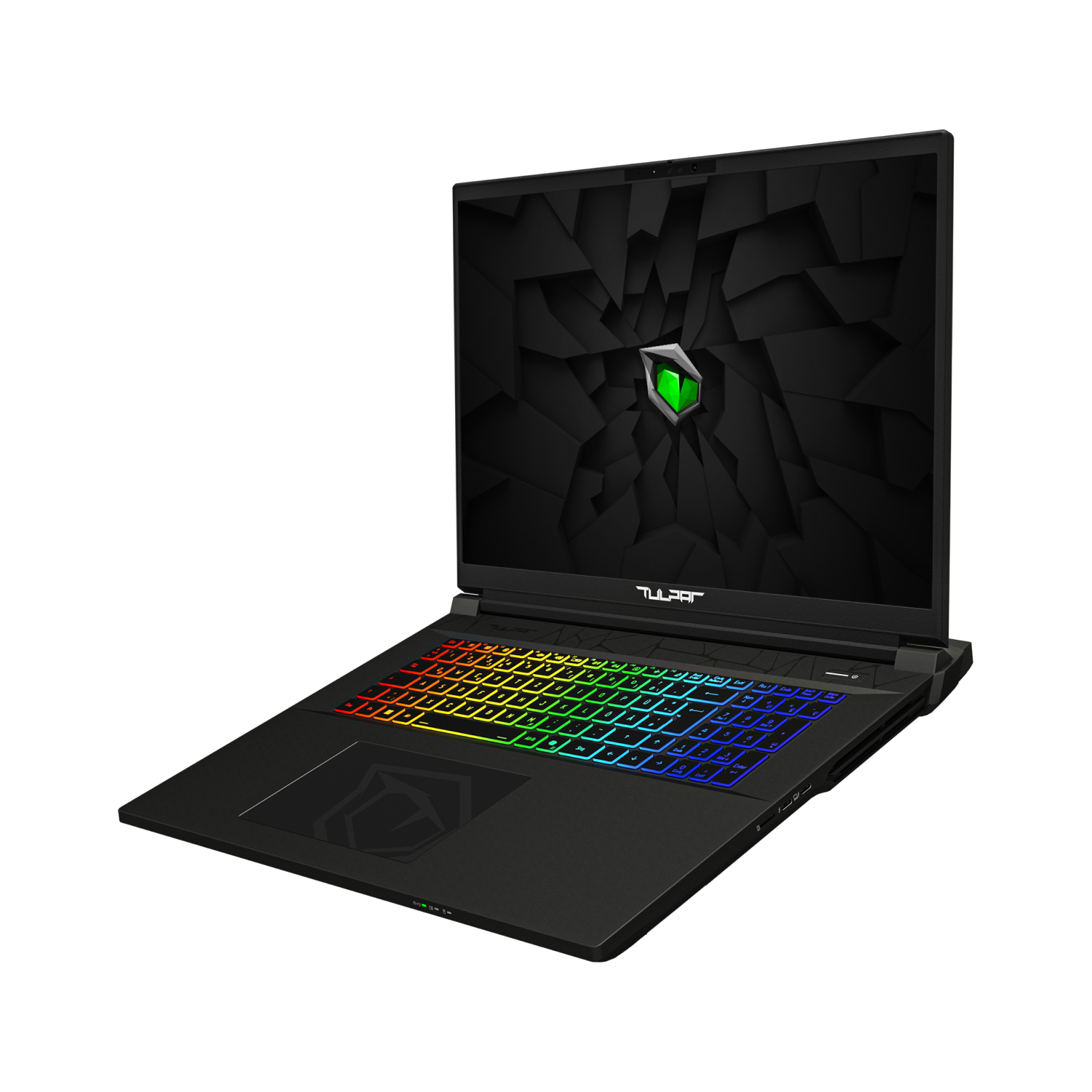 Ein schwarzer Laptop mit beleuchteter Tastatur und grünem Logo auf dem Bildschirm.
