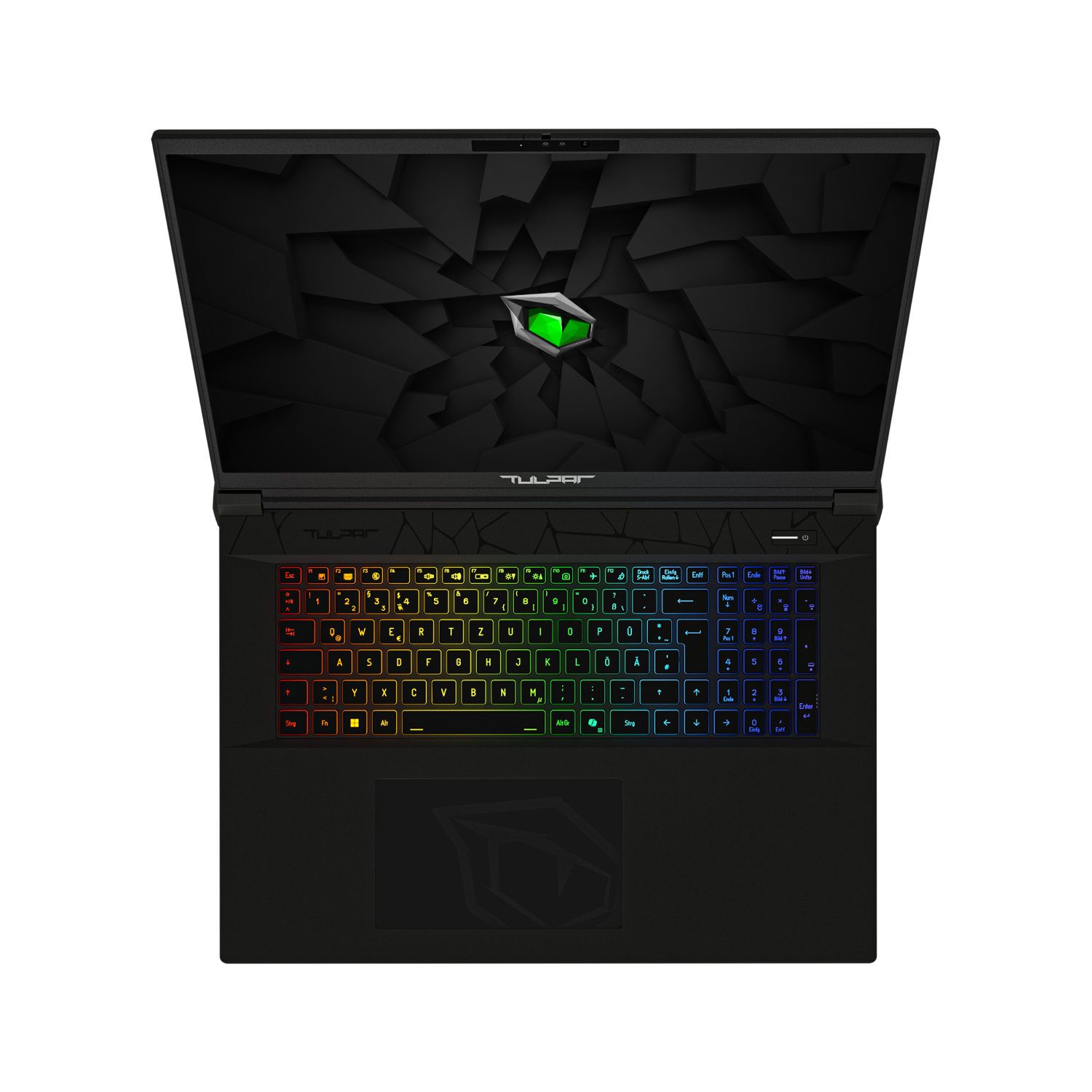 Ein schwarzer Laptop mit beleuchteter Tastatur und Logo auf dem Bildschirm.