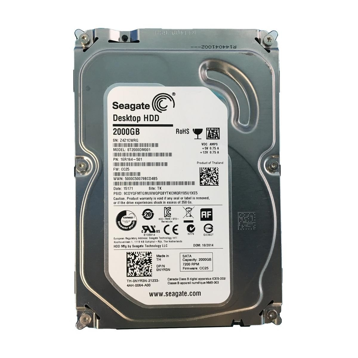 HDD desktop Seagate argentato da 2TB con etichetta delle specifiche.