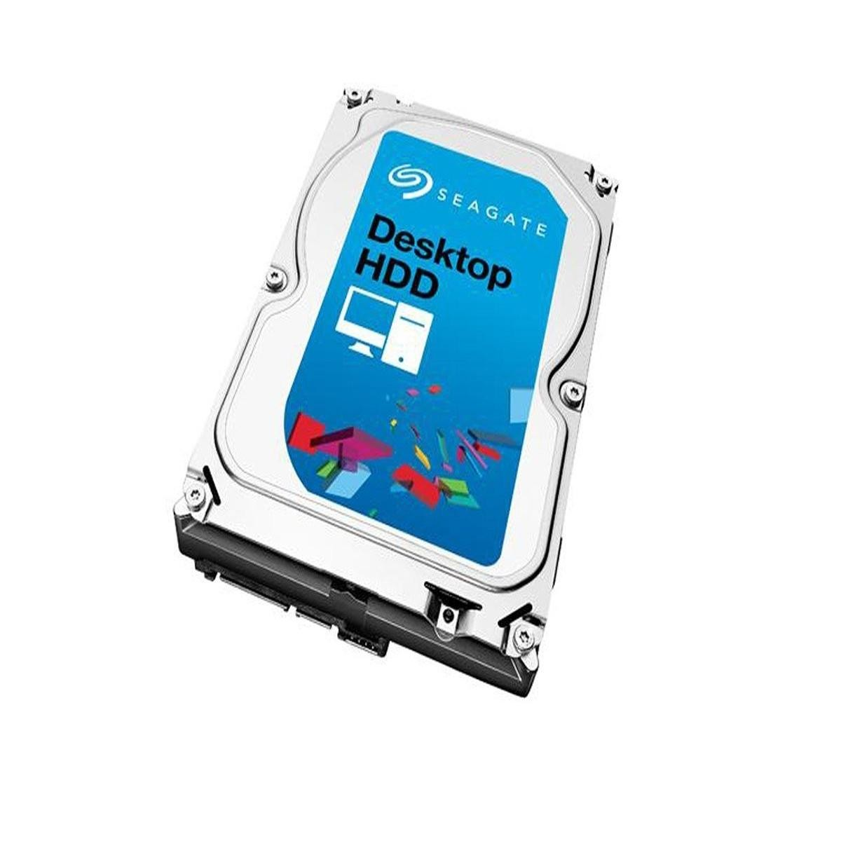 Hard disk Seagate Desktop HDD con etichetta blu e grafica colorata.