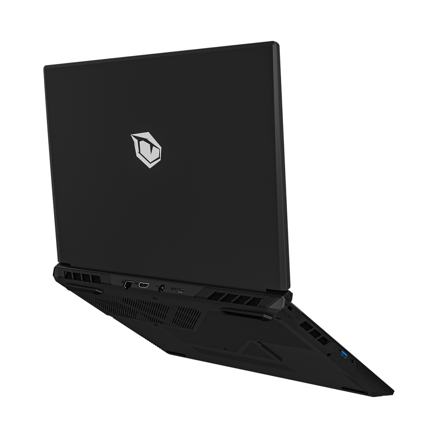 Schwarzer Laptop mit Logo, Ansicht von unten und Seite, Anschlüsse sichtbar.