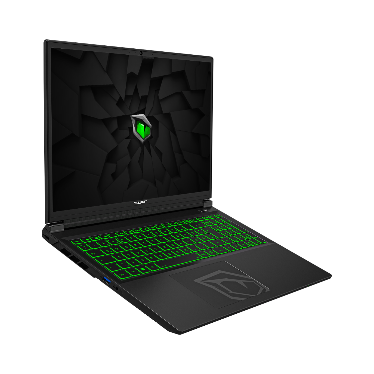 Schwarzer Gaming-Laptop mit beleuchteter grüner Tastatur und Logo auf dem Touchpad.