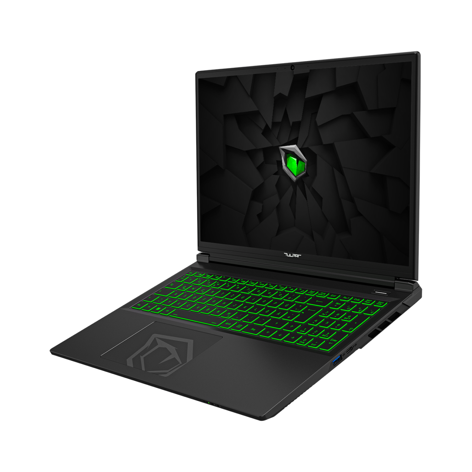 Ein schwarzer Laptop mit einer grün leuchtenden Tastatur und einem stilisierten grünen Augenlogo.