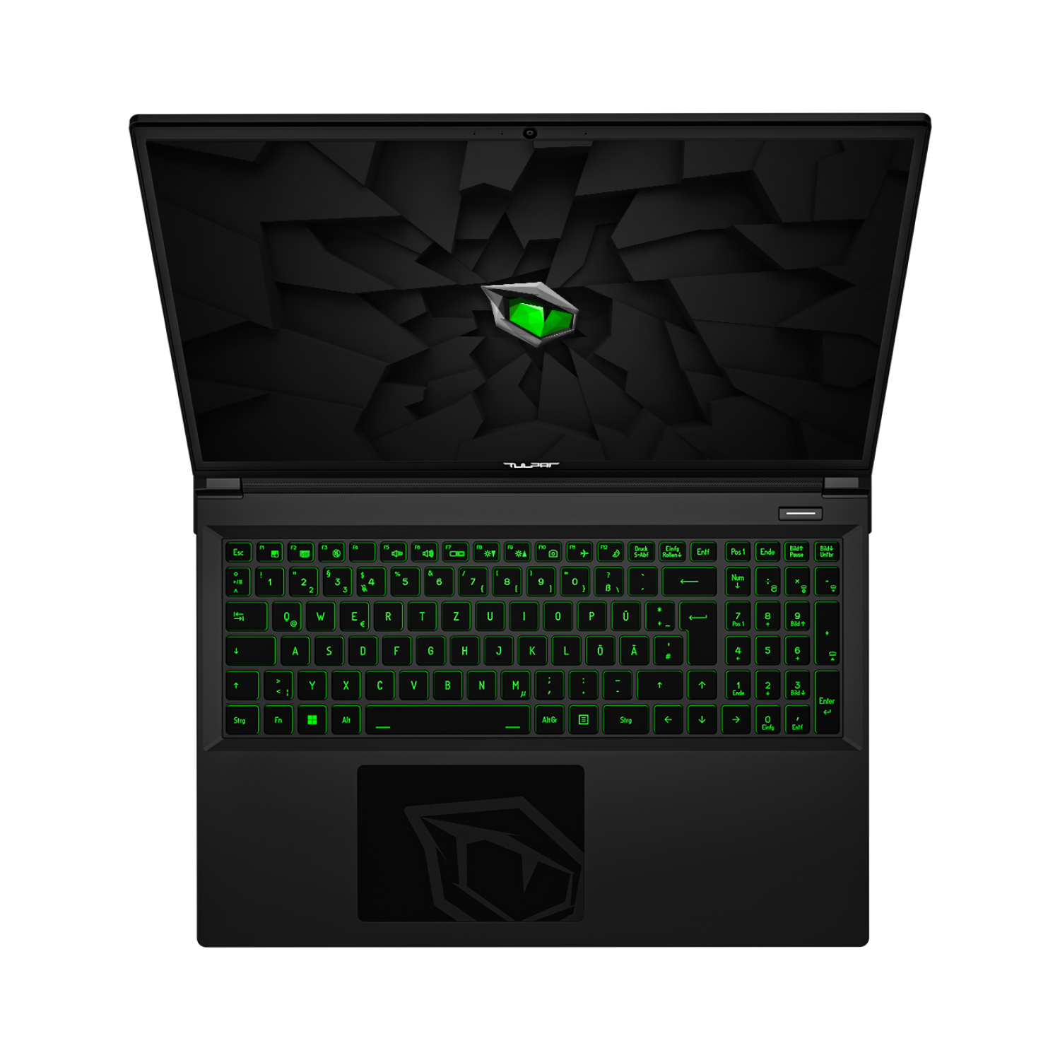 Schwarzer Laptop mit beleuchteter grüner Tastatur und abstraktem Hintergrund.