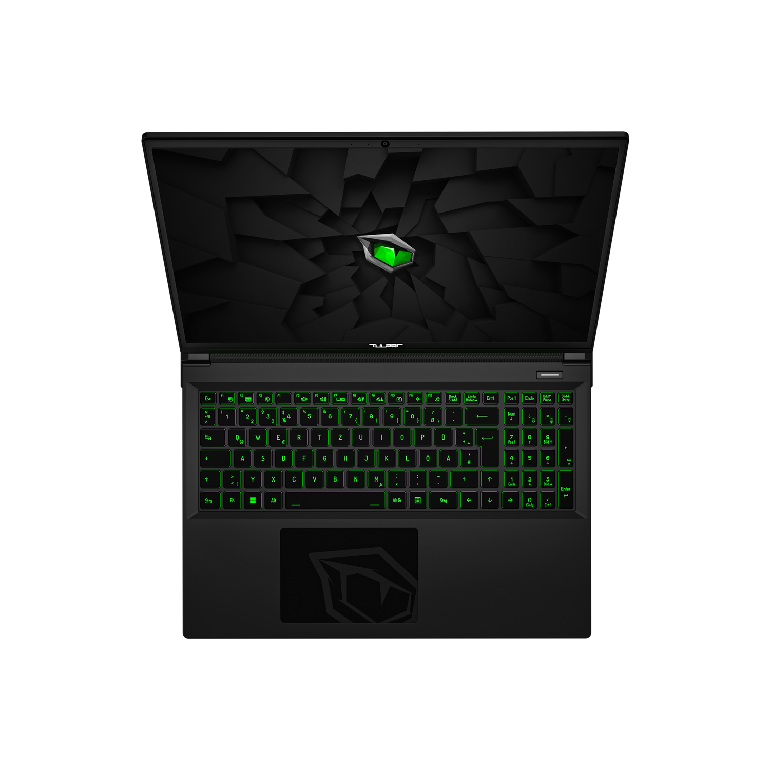 Schwarzer Gaming-Laptop mit leuchtend grüner Tastatur und Logo.