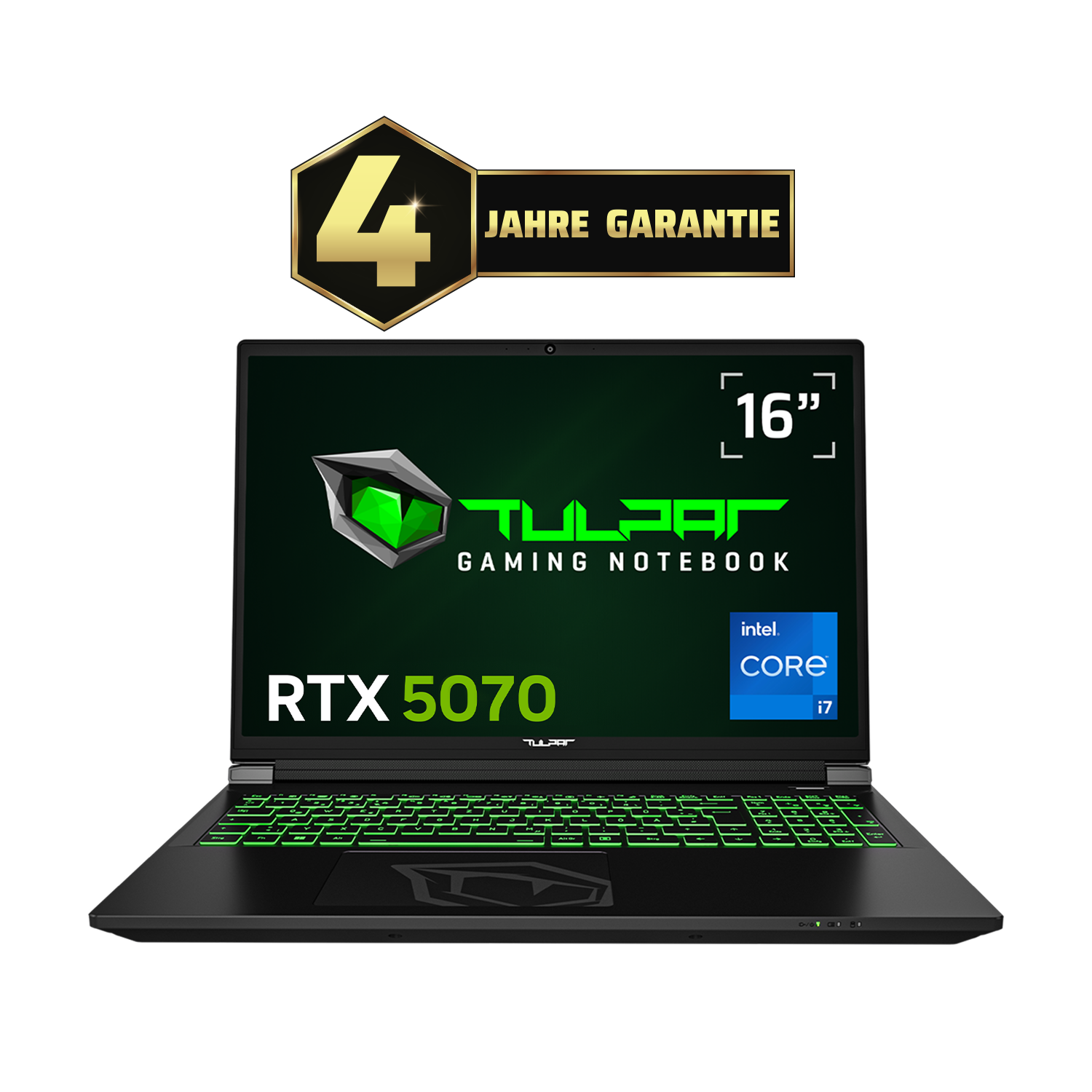 Ein schwarzer Gaming-Laptop mit 16-Zoll-Bildschirm, grüner Tastatur und 4 Jahren Garantie.