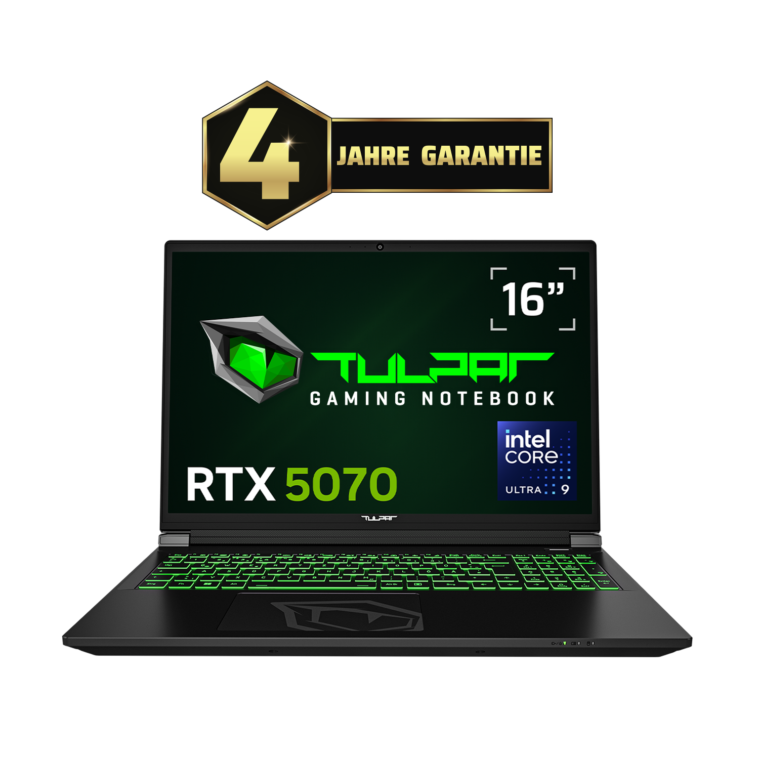 Schwarzer Gaming-Laptop mit RTX 5070, 16 Zoll und Intel Core Ultra 9.