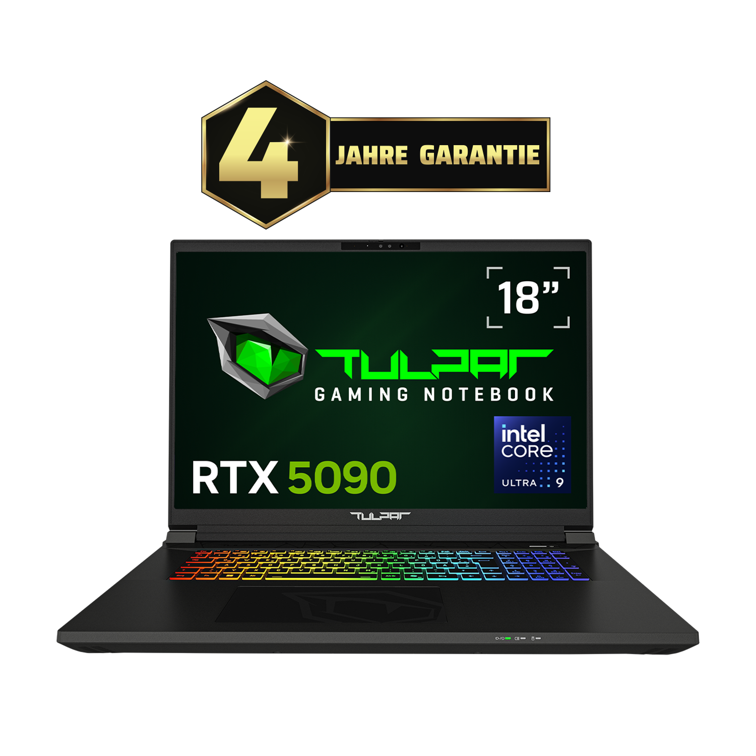 Schwarzer Gaming-Laptop mit 18 Zoll Bildschirm, RTX 5090, Intel Core Ultra 9, bunter Tastatur.