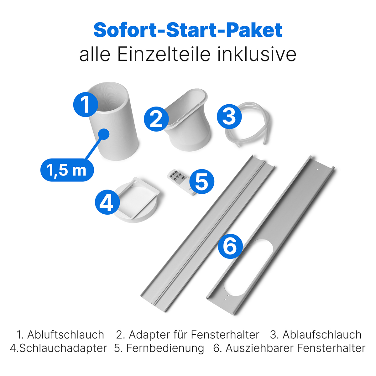Teile eines Klimaanlagen-Installationskits: Schlauch, Adapter, Fernbedienung.