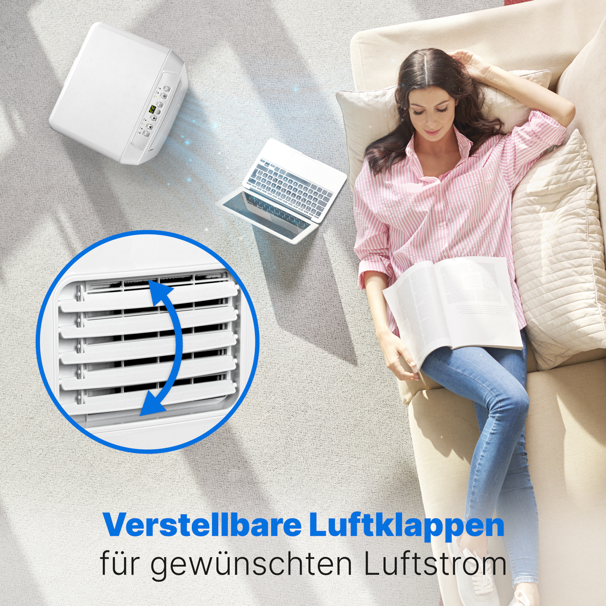 Tragbarer Klimaanlagen-Luftauslass mit verstellbaren Lamellen und Pfeil.