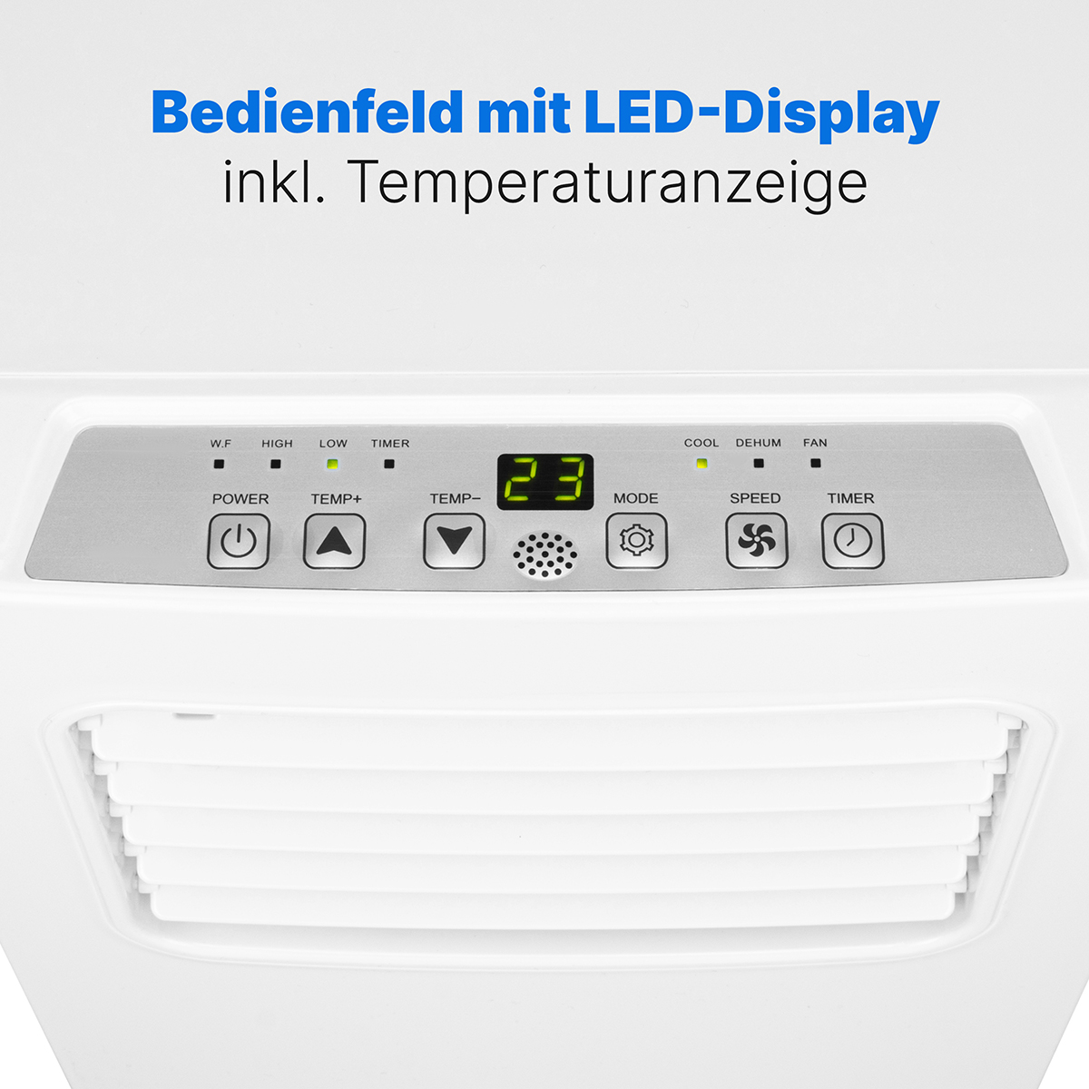 Bedienfeld mit LED-Anzeige, zeigt 23 Grad an. Tasten für Power, Temp, Mode, Speed, Timer.
